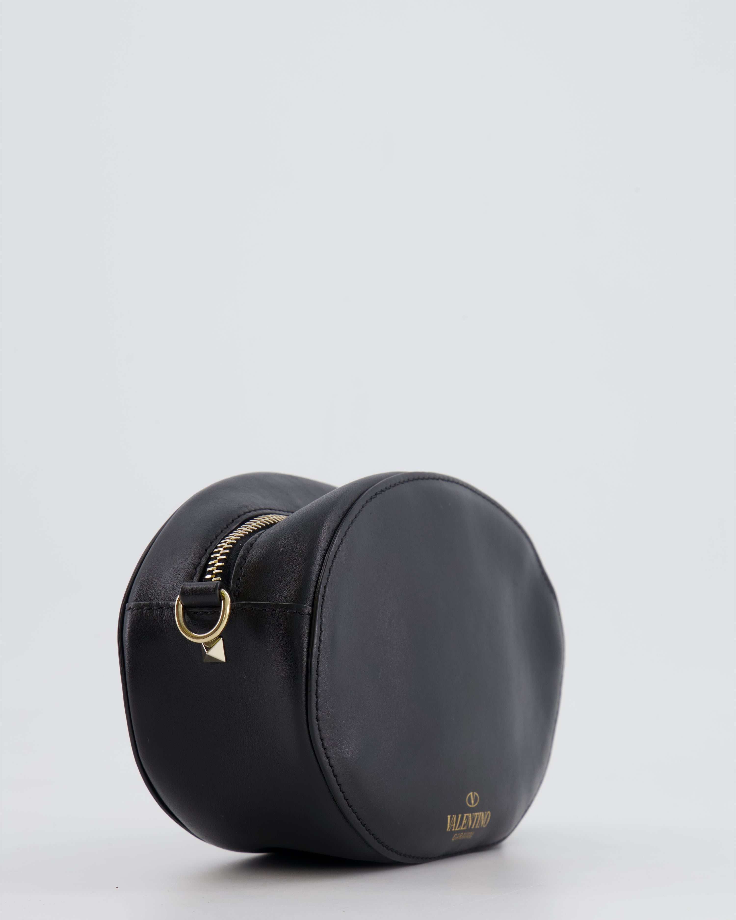 Valentino Black Leather Small Round Bag with White VLTN Print Detail and Champagne Gold Rockstud Strap