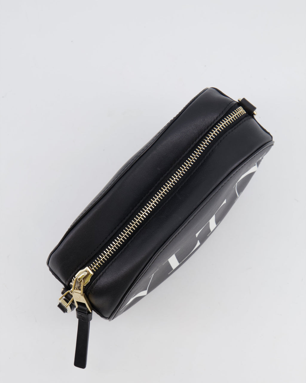Valentino Black Leather Small Round Bag with White VLTN Print Detail and Champagne Gold Rockstud Strap