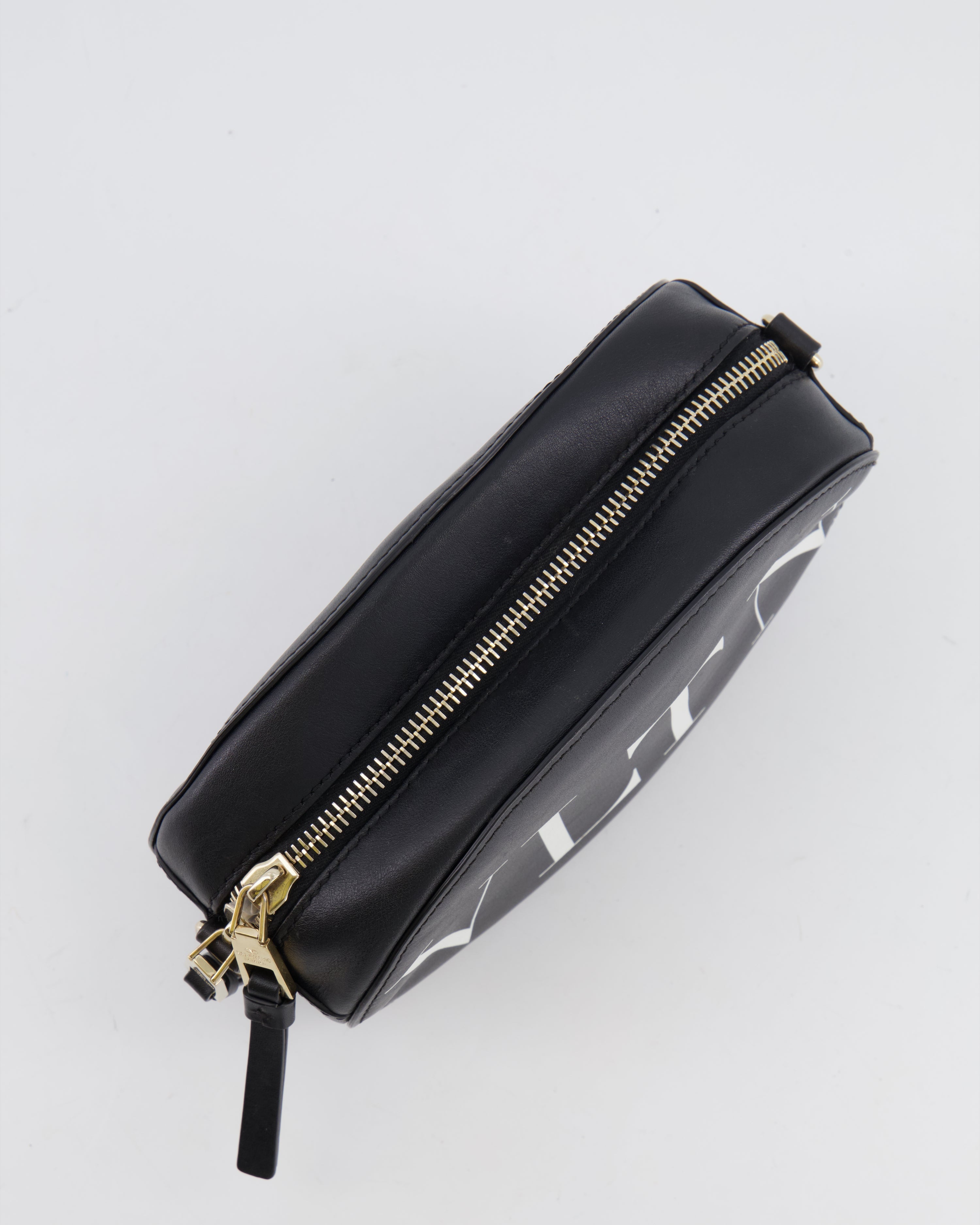Valentino Black Leather Small Round Bag with White VLTN Print Detail and Champagne Gold Rockstud Strap