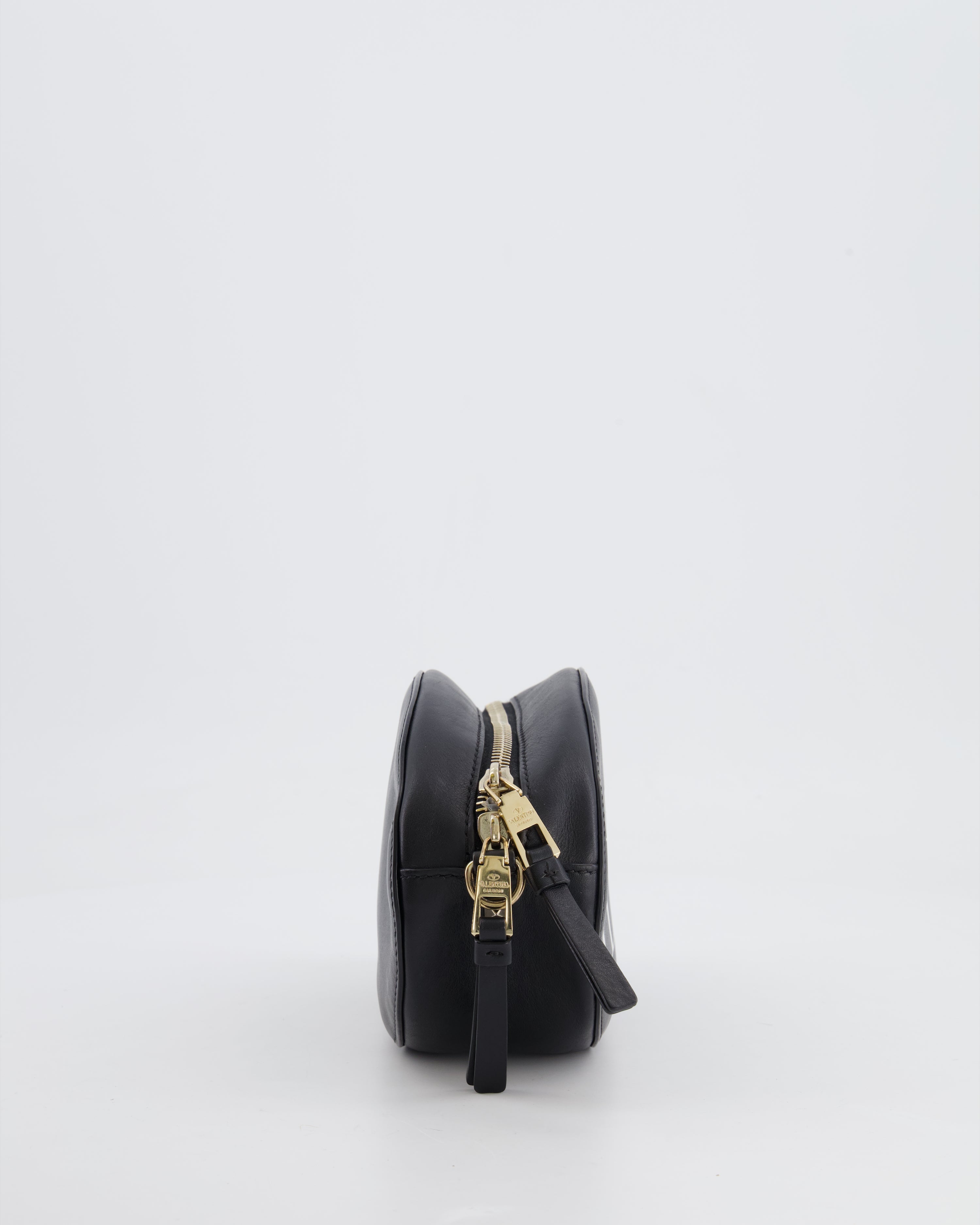 Valentino Black Leather Small Round Bag with White VLTN Print Detail and Champagne Gold Rockstud Strap