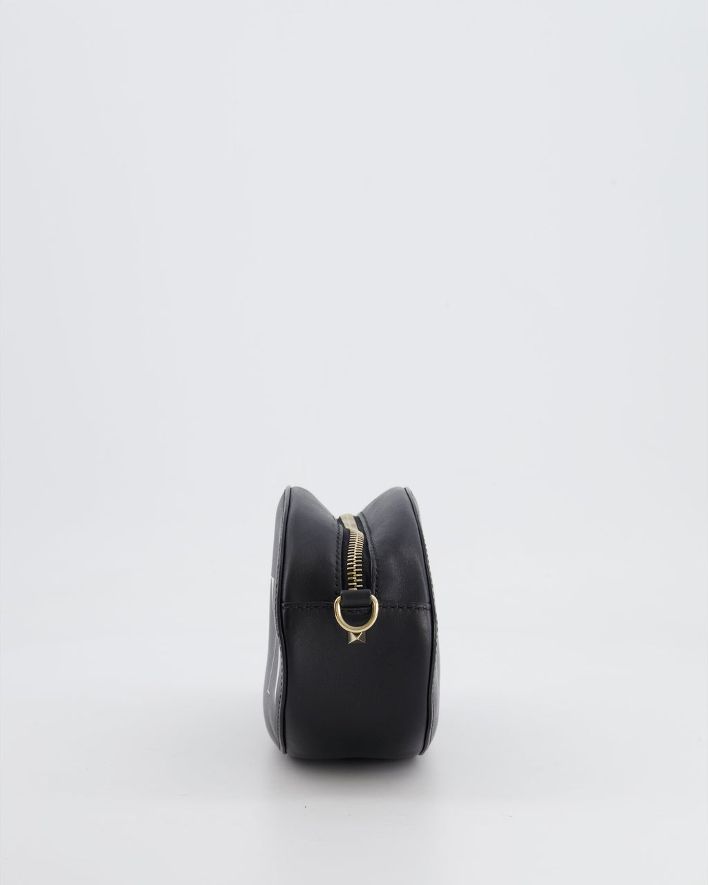 Valentino Black Leather Small Round Bag with White VLTN Print Detail and Champagne Gold Rockstud Strap
