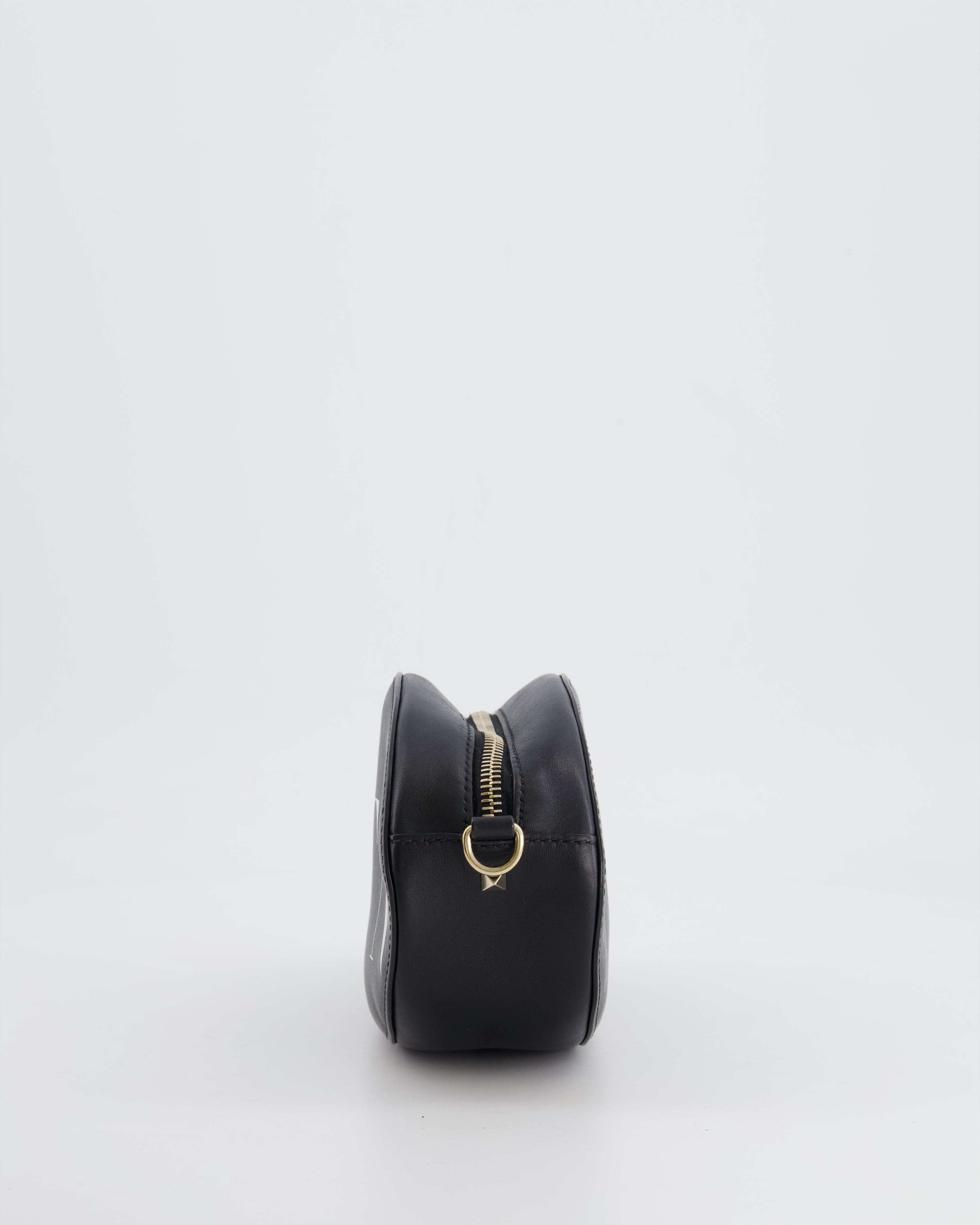Valentino Black Leather Small Round Bag with White VLTN Print Detail and Champagne Gold Rockstud Strap