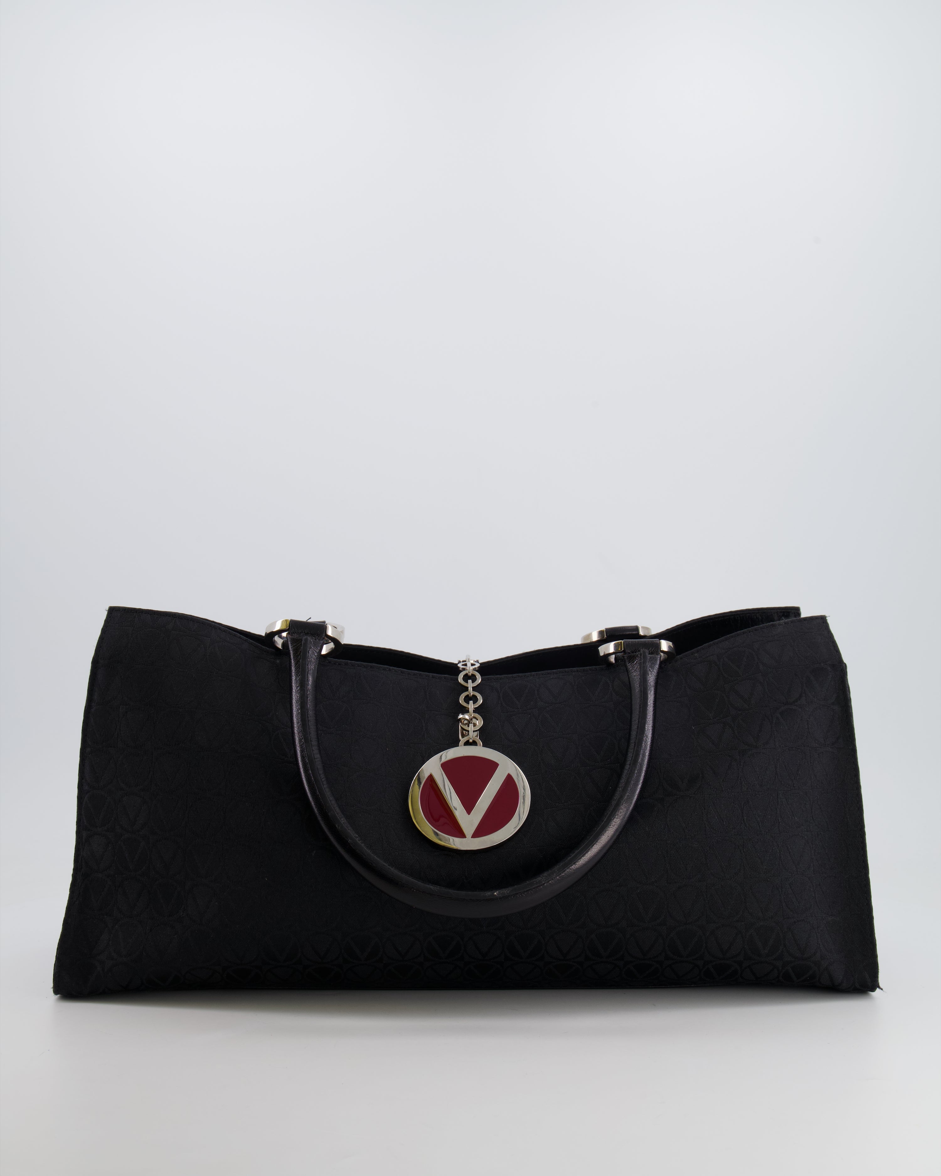 Valentino Black Monogram Canvas and Leather Tote Bag with VRing Logo