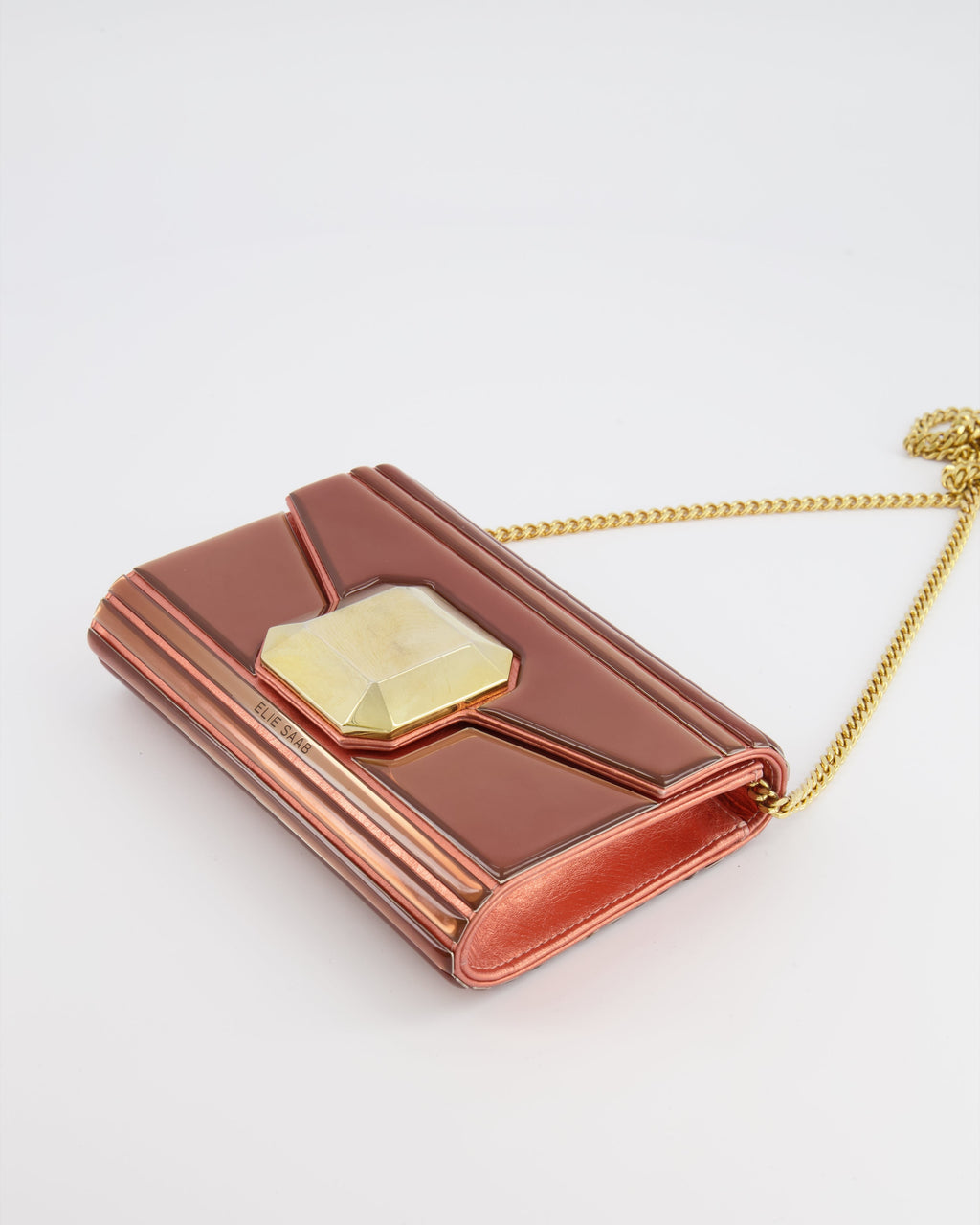 Elie Saab Bronze Pink Plexi Clutch on Chain Bag with Gold Hardware