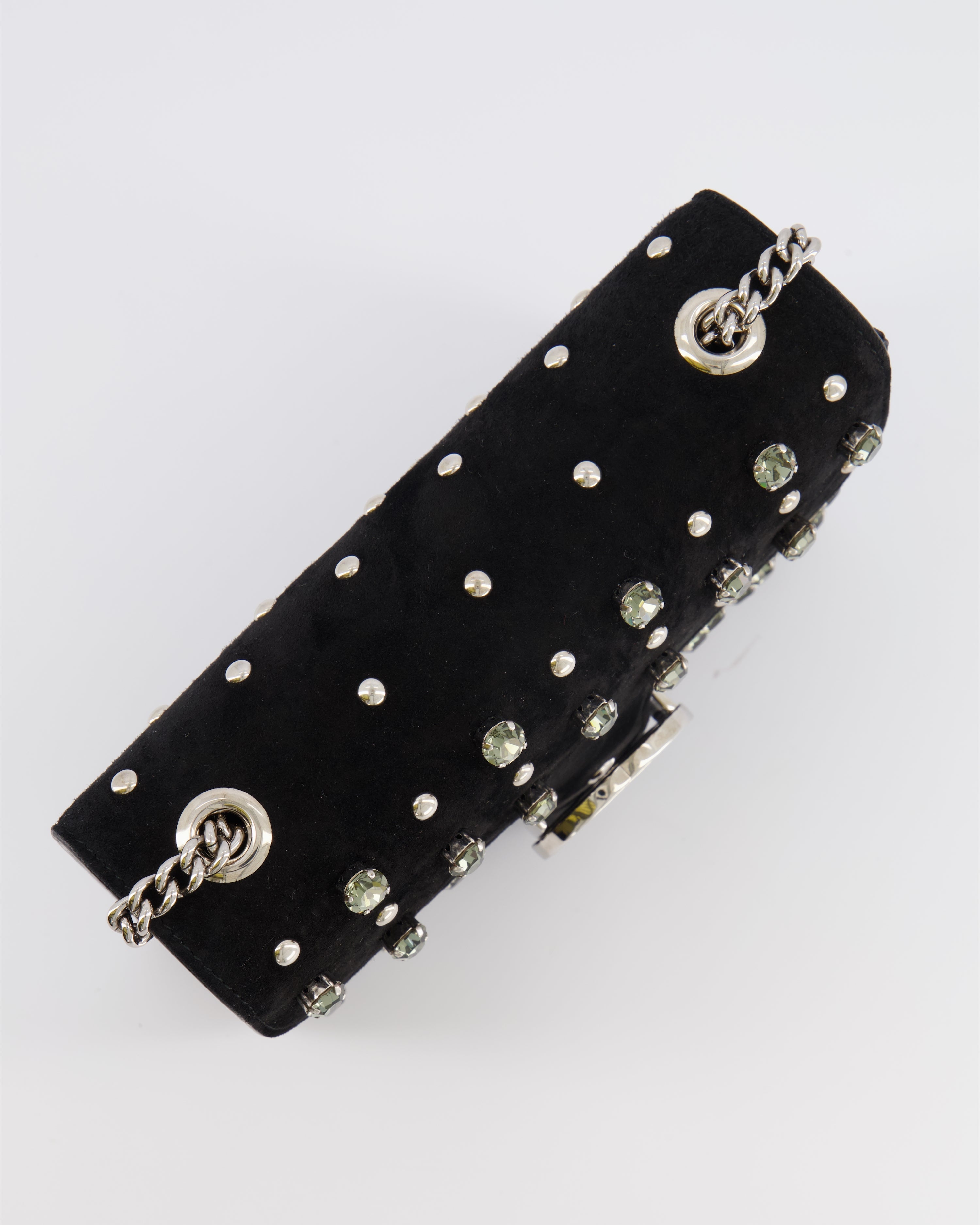 Gucci Black Suede Interlocking G Crystal Crossbody Bag with Silver Studs Embellishments and Silver Hardware
