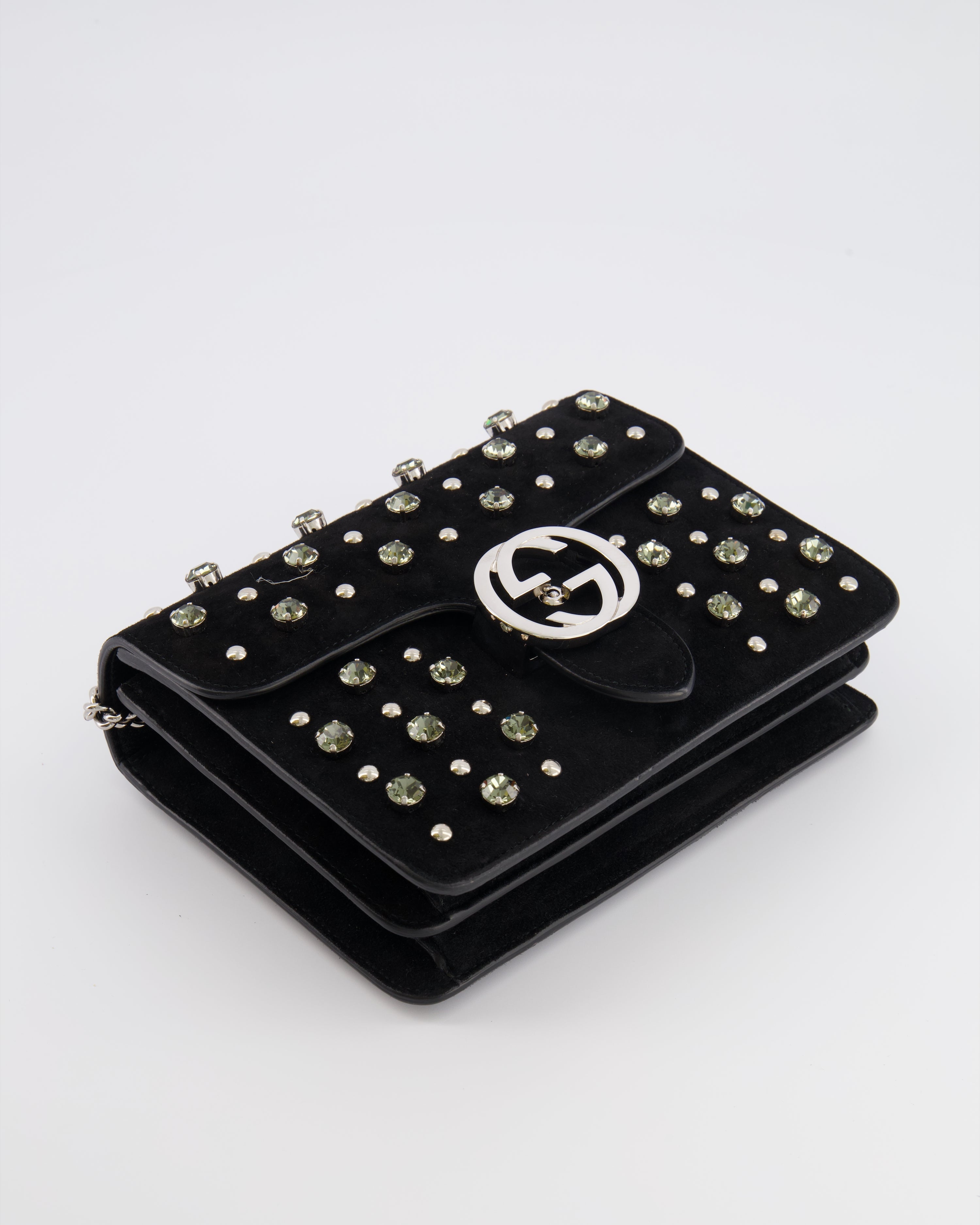 Gucci Black Suede Interlocking G Crystal Crossbody Bag with Silver Studs Embellishments and Silver Hardware