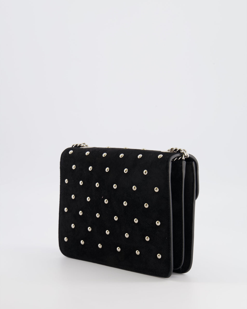 Gucci Black Suede Interlocking G Crystal Crossbody Bag with Silver Studs Embellishments and Silver Hardware