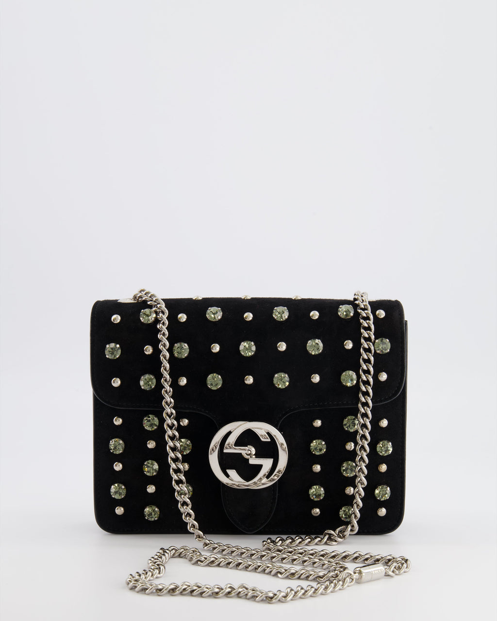 Gucci Black Suede Interlocking G Crystal Crossbody Bag with Silver Studs Embellishments and Silver Hardware