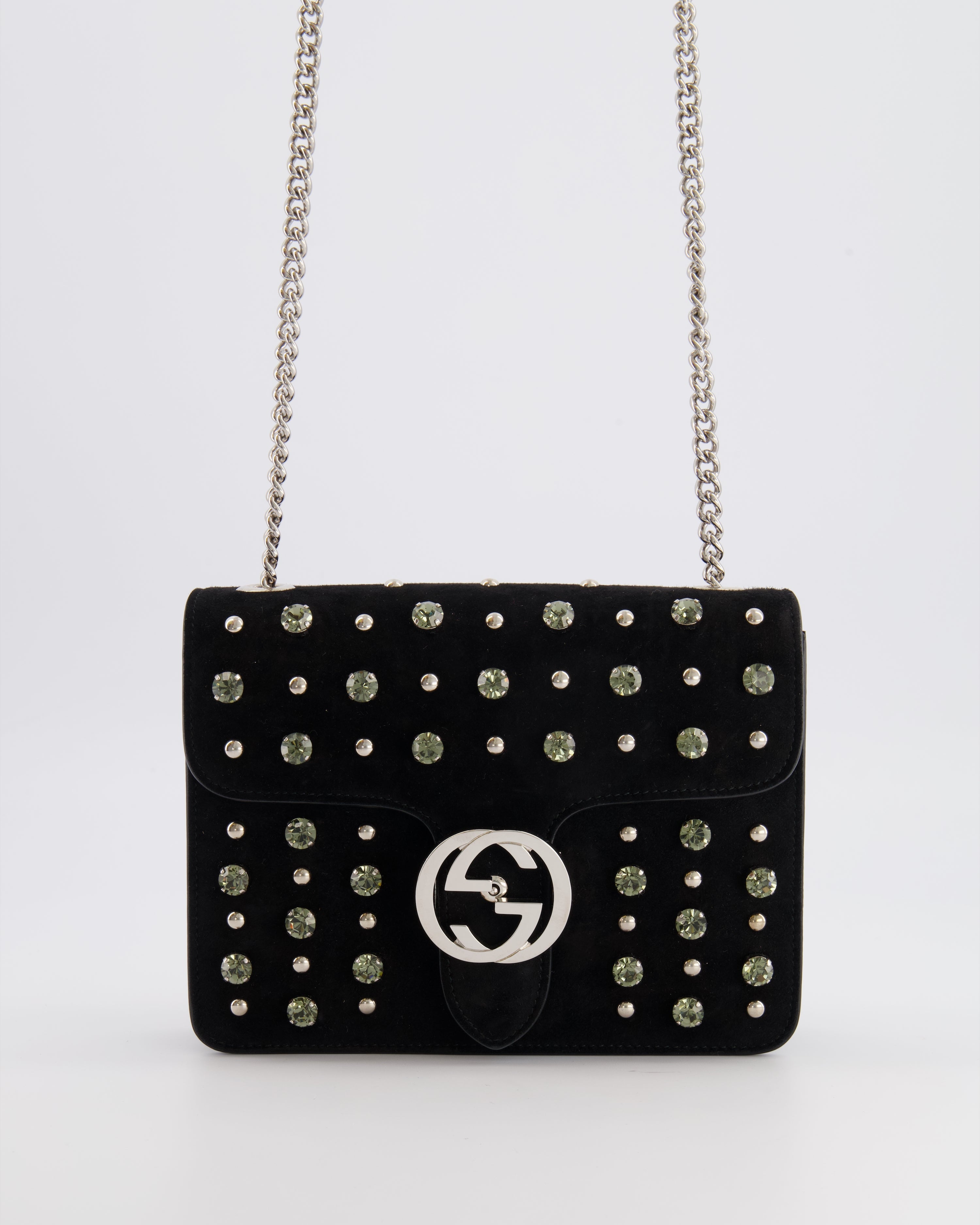 Gucci Black Suede Interlocking G Crystal Crossbody Bag with Silver Studs Embellishments and Silver Hardware