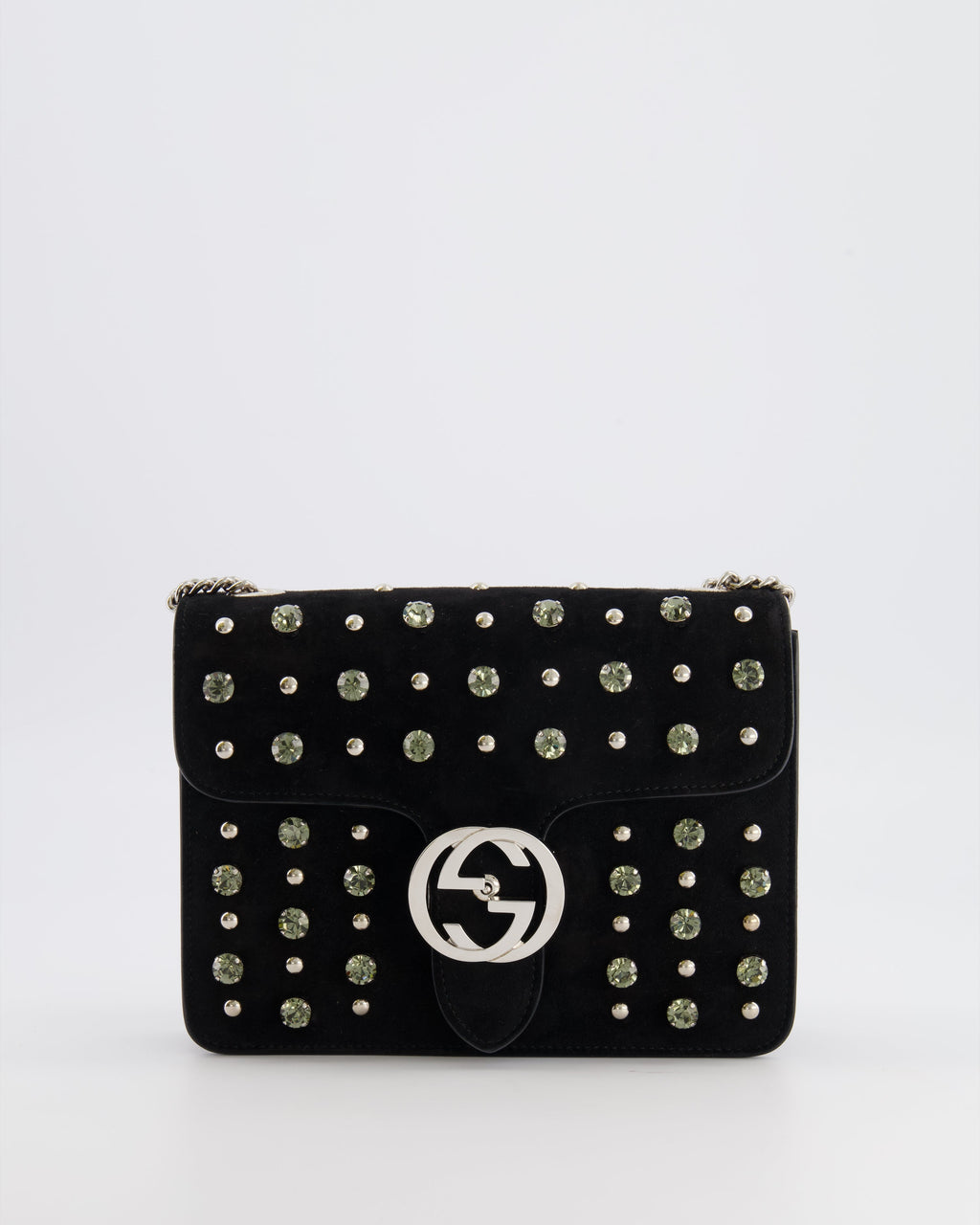 Gucci Black Suede Interlocking G Crystal Crossbody Bag with Silver Studs Embellishments and Silver Hardware