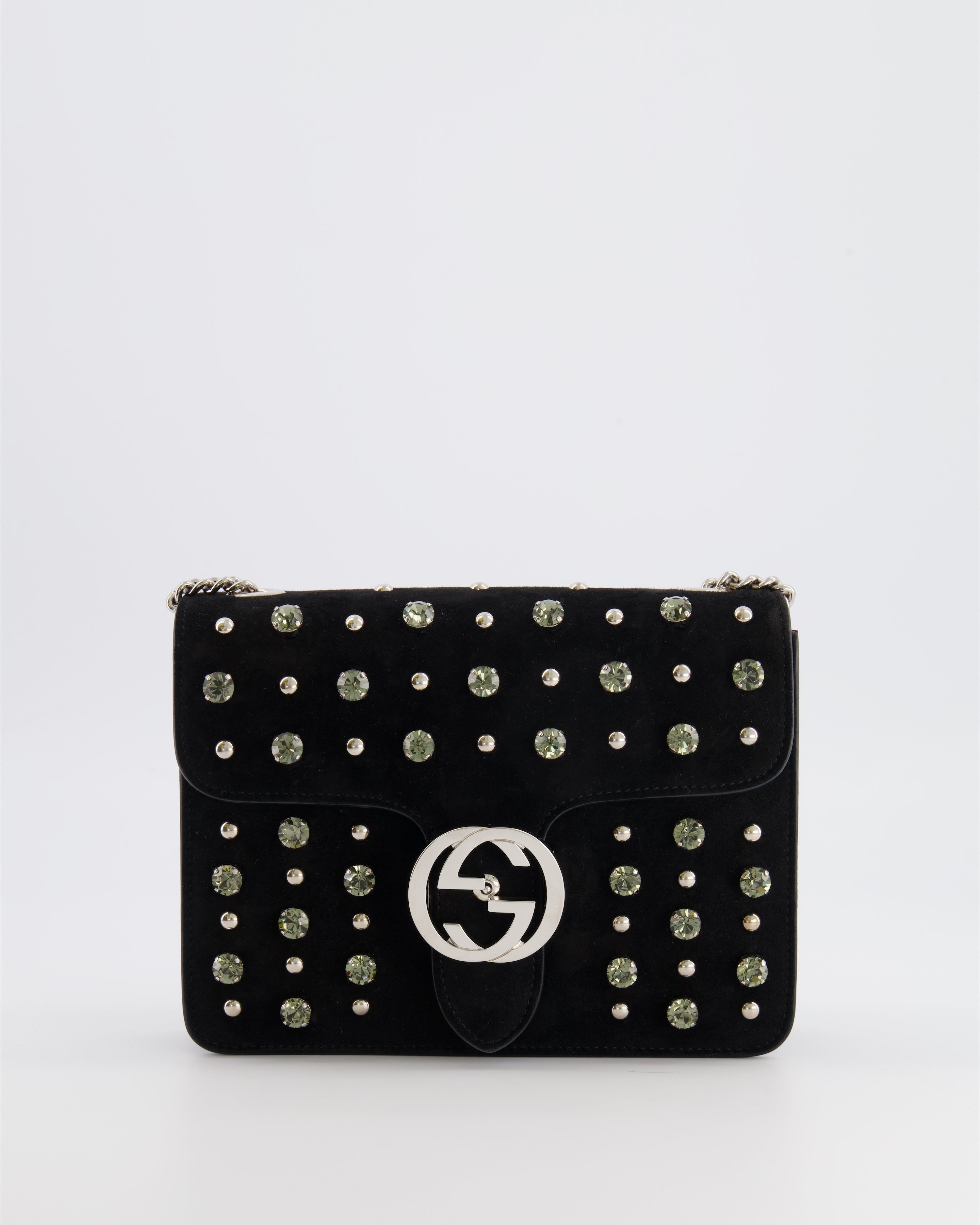 Gucci Black Suede Interlocking G Crystal Crossbody Bag with Silver Studs Embellishments and Silver Hardware