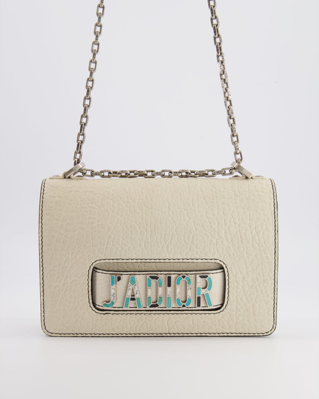Christian Dior White Pebbled Leather J'Adior Flap Bag with Turquoise and White Logo, Silver Hardware