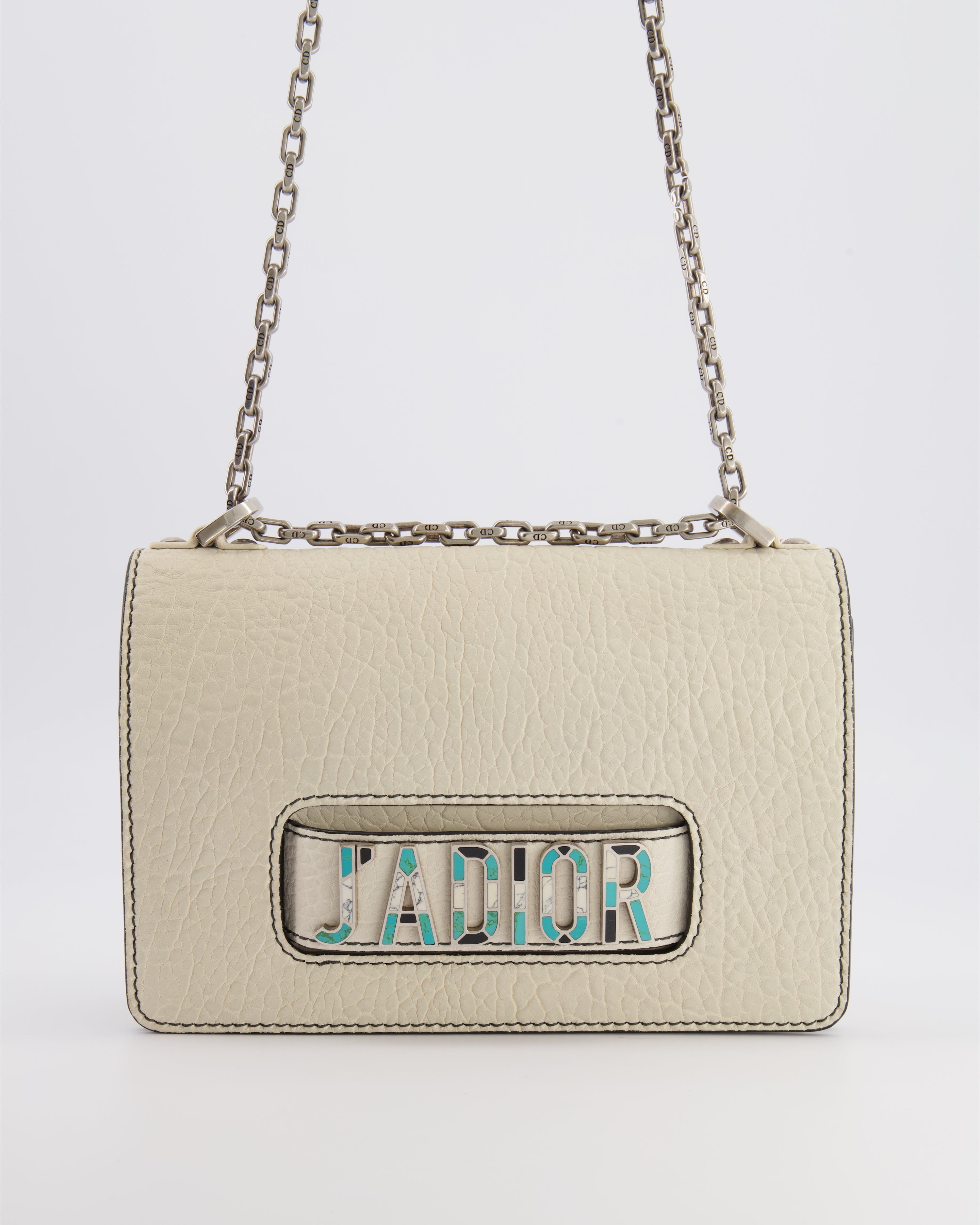 Christian Dior White Pebbled Leather J'Adior Flap Bag with Turquoise and White Logo, Silver Hardware