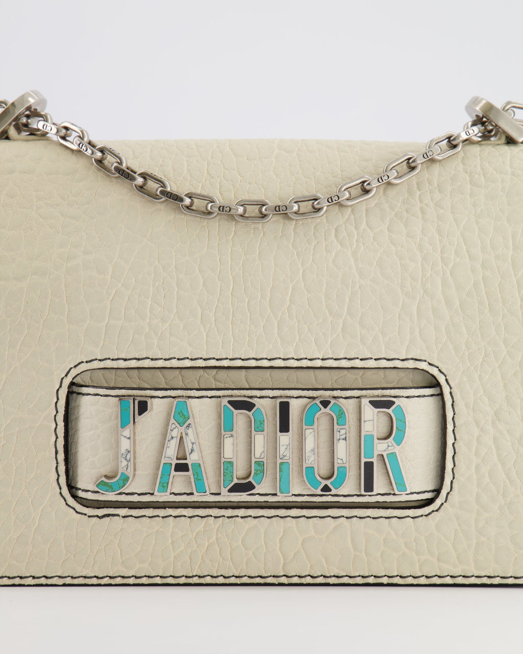 Christian Dior White Pebbled Leather J'Adior Flap Bag with Turquoise and White Logo, Silver Hardware