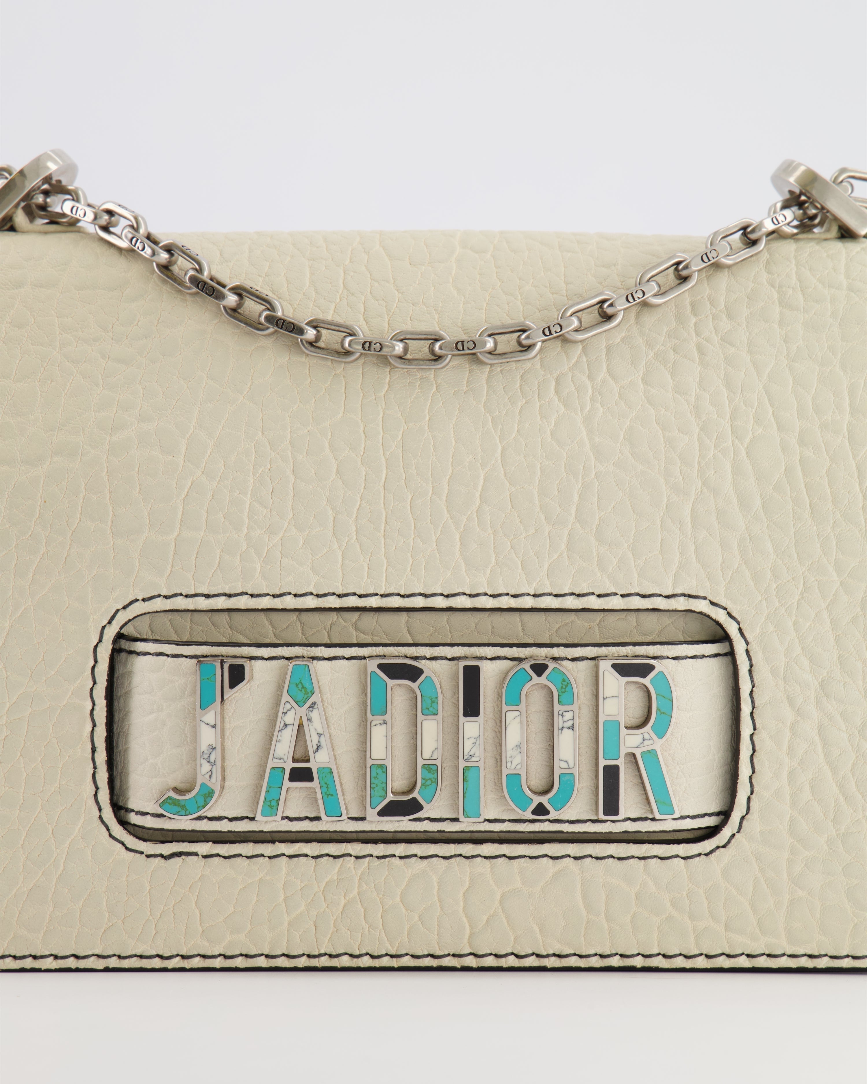 Christian Dior White Pebbled Leather J'Adior Flap Bag with Turquoise and White Logo, Silver Hardware