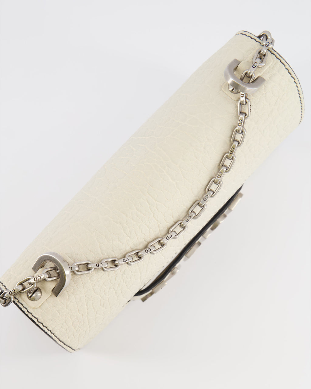 Christian Dior White Pebbled Leather J'Adior Flap Bag with Turquoise and White Logo, Silver Hardware