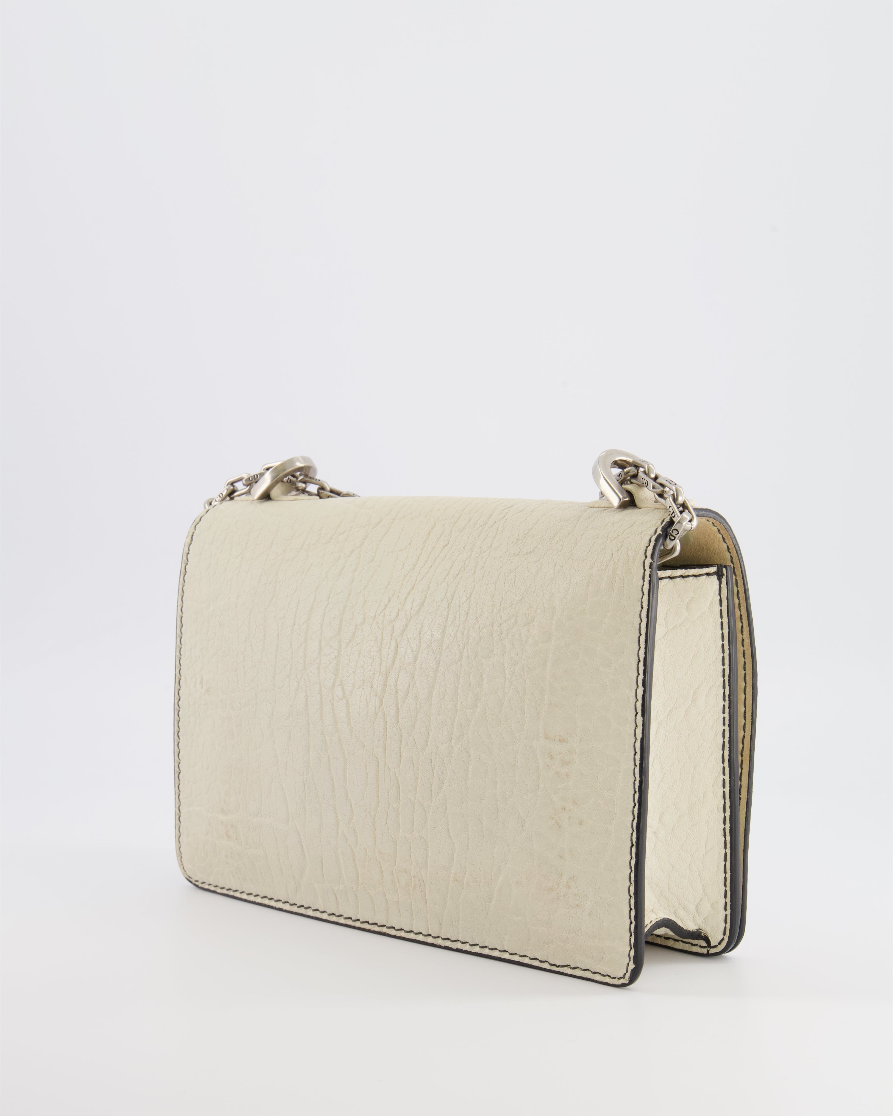 Christian Dior White Pebbled Leather J'Adior Flap Bag with Turquoise and White Logo, Silver Hardware