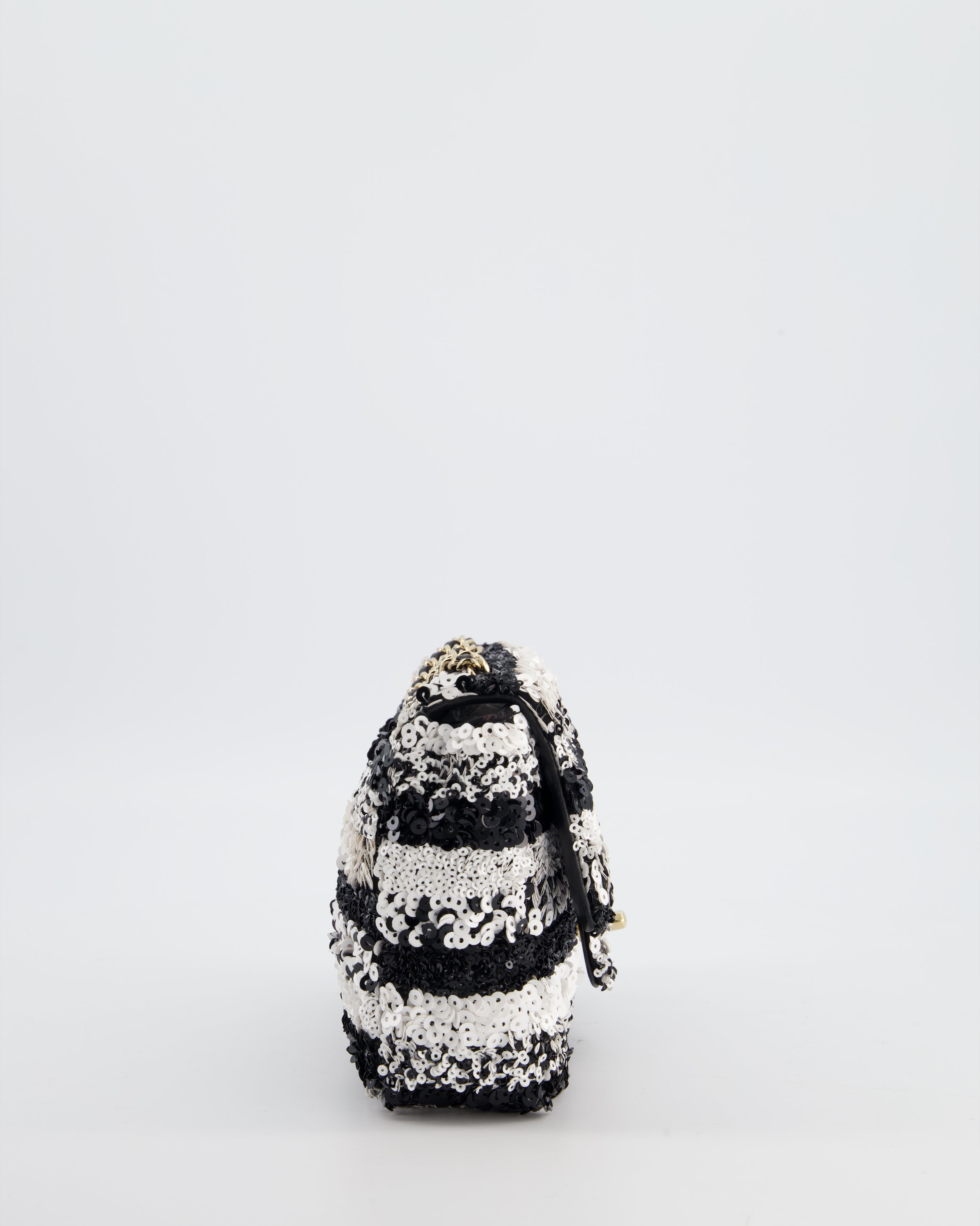 *HOT* Chanel Black and White Stripe Sequin Coco Mark Single Flap Bag with Champagne Gold Hardware