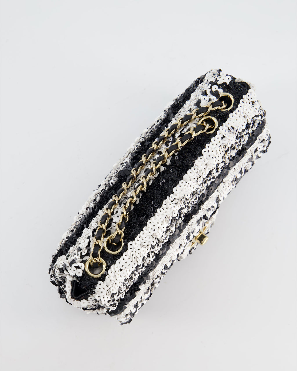 *HOT* Chanel Black and White Stripe Sequin Coco Mark Single Flap Bag with Champagne Gold Hardware