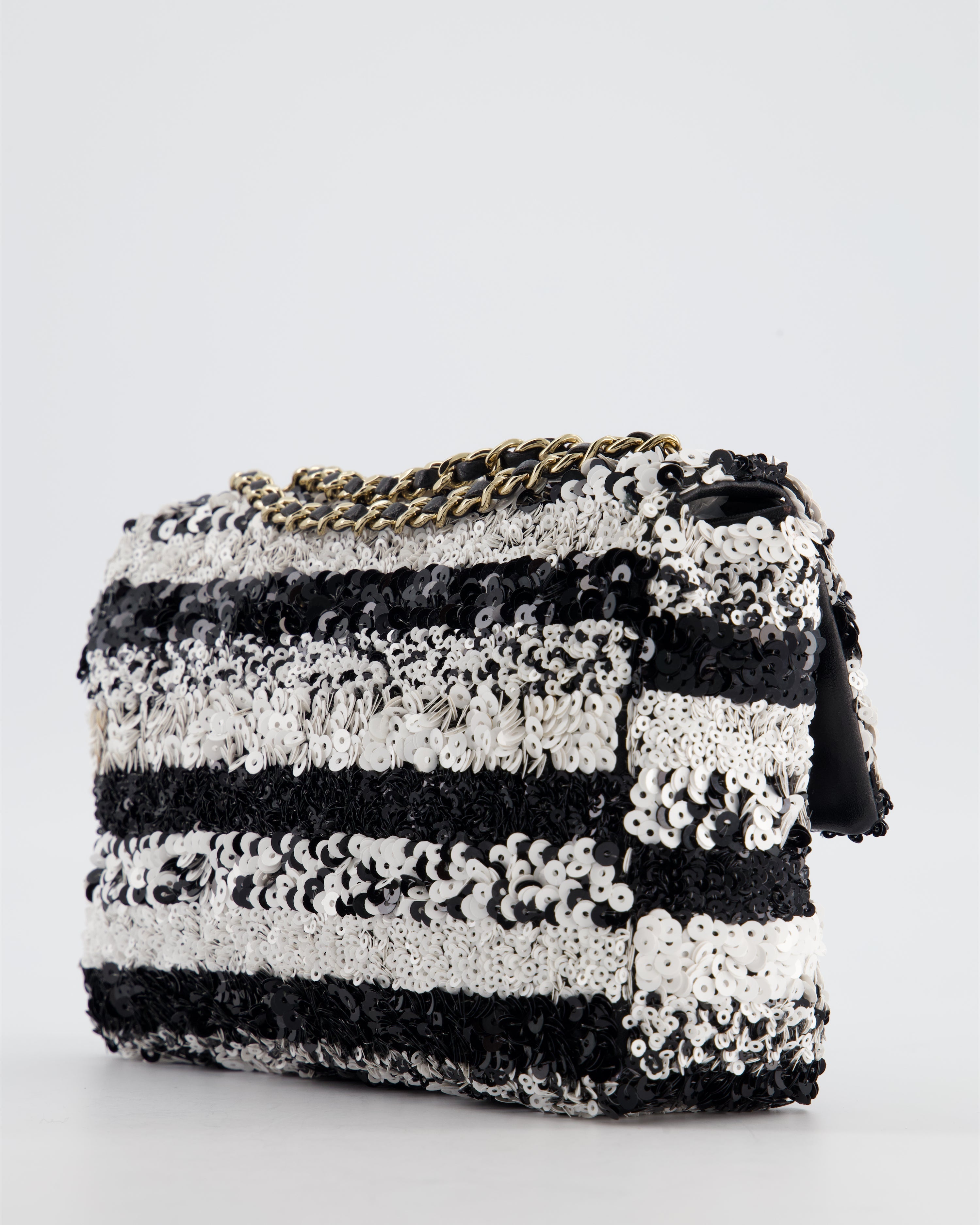 *HOT* Chanel Black and White Stripe Sequin Coco Mark Single Flap Bag with Champagne Gold Hardware