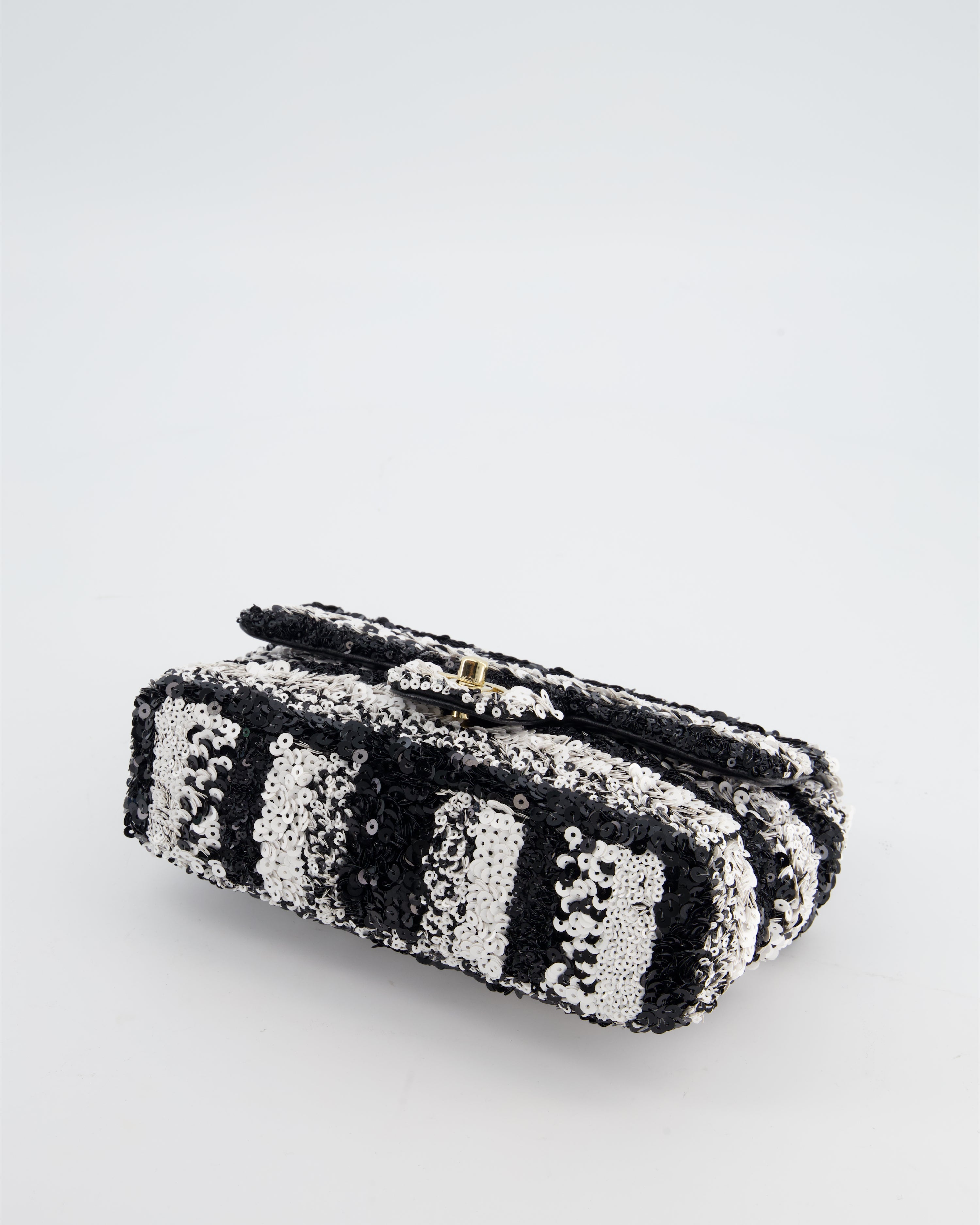 *HOT* Chanel Black and White Stripe Sequin Coco Mark Single Flap Bag with Champagne Gold Hardware