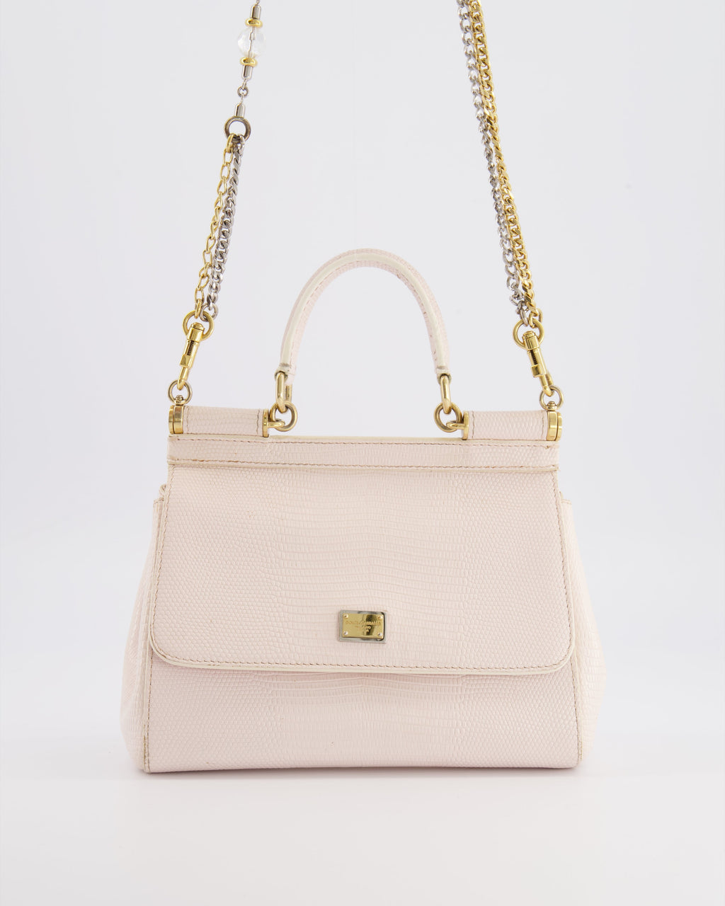 Dolce & Gabbana Light Pink Iguana Embossed Leather Small Sicily Bag with Mixed Hardware and Crystal Pearl Chain