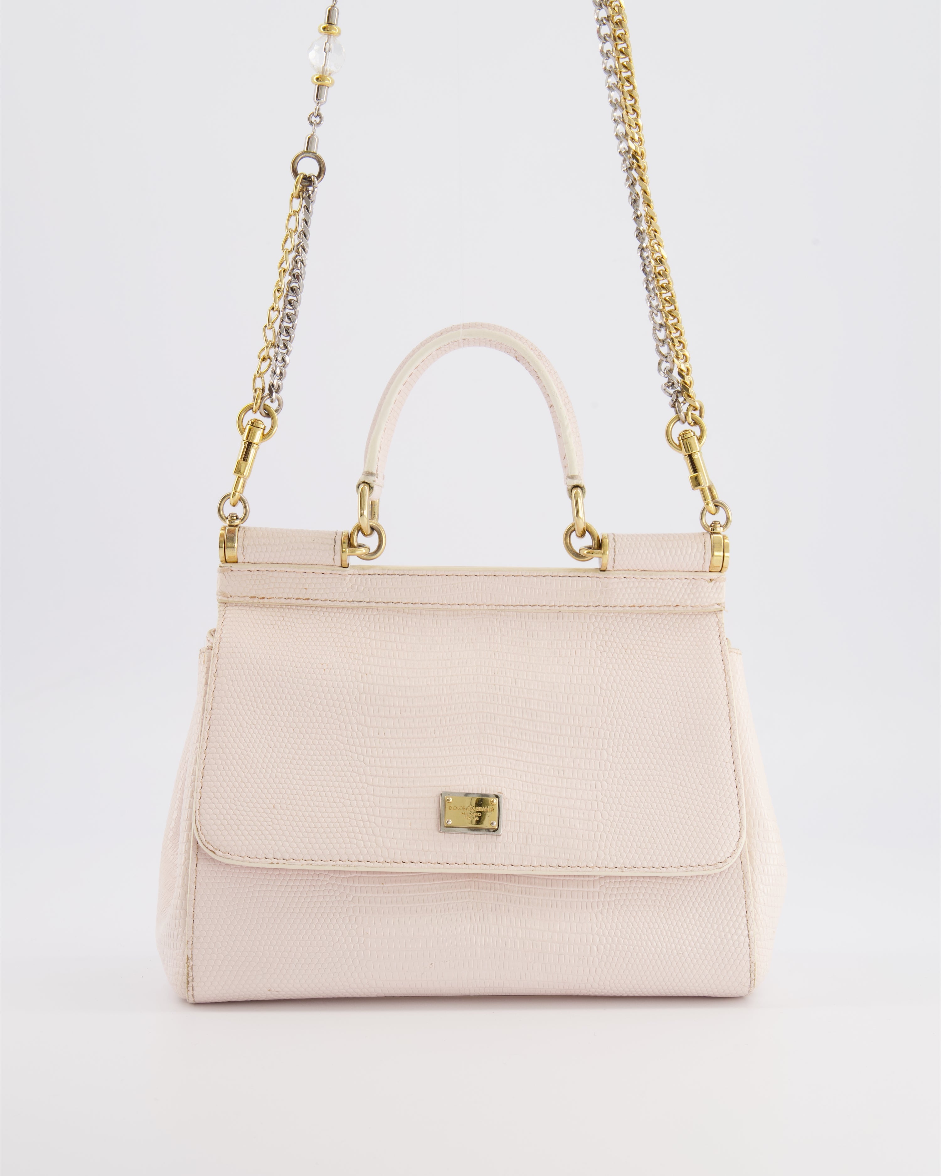 Dolce & Gabbana Light Pink Iguana Embossed Leather Small Sicily Bag with Mixed Hardware and Crystal Pearl Chain