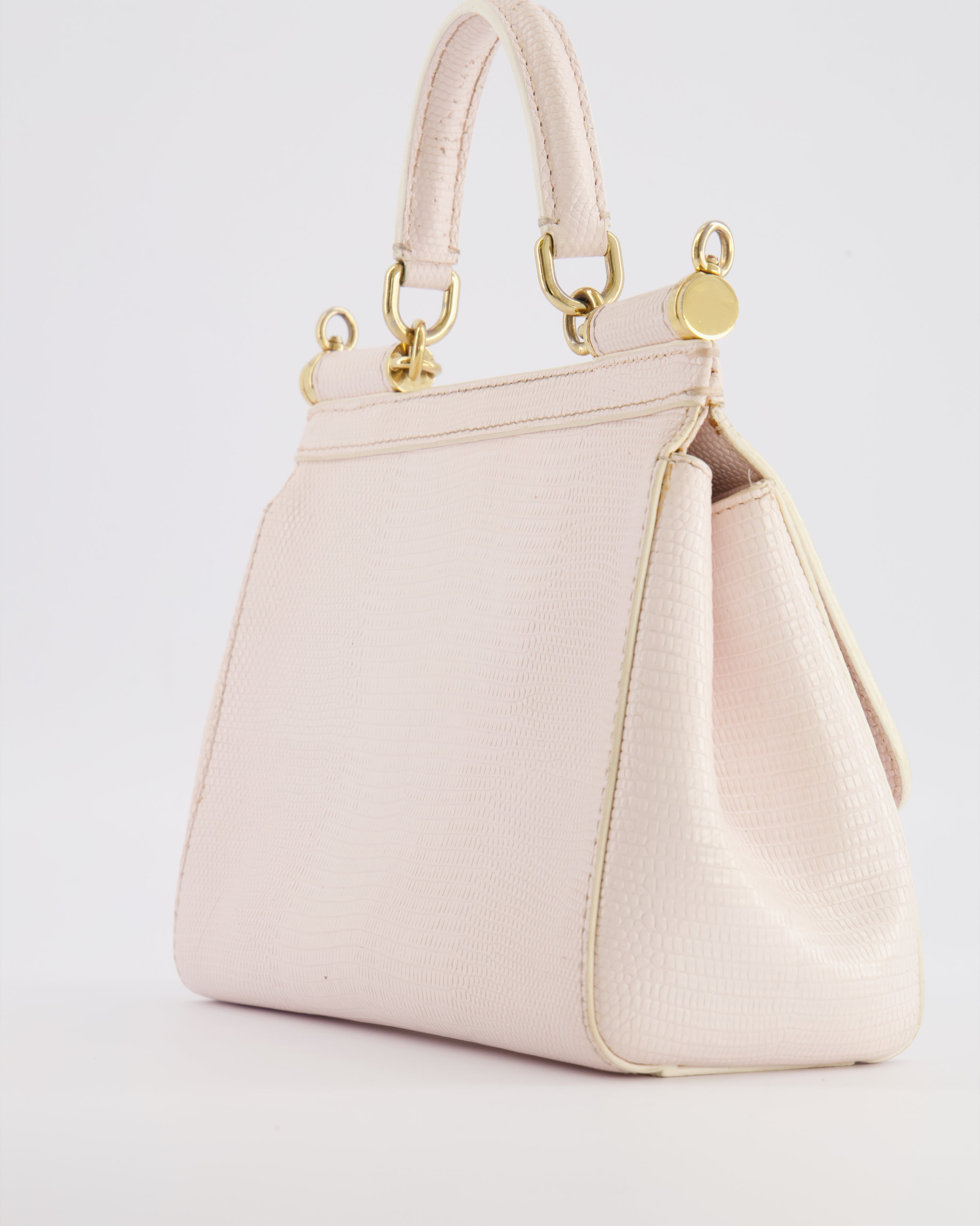 Dolce & Gabbana Light Pink Iguana Embossed Leather Small Sicily Bag with Mixed Hardware and Crystal Pearl Chain
