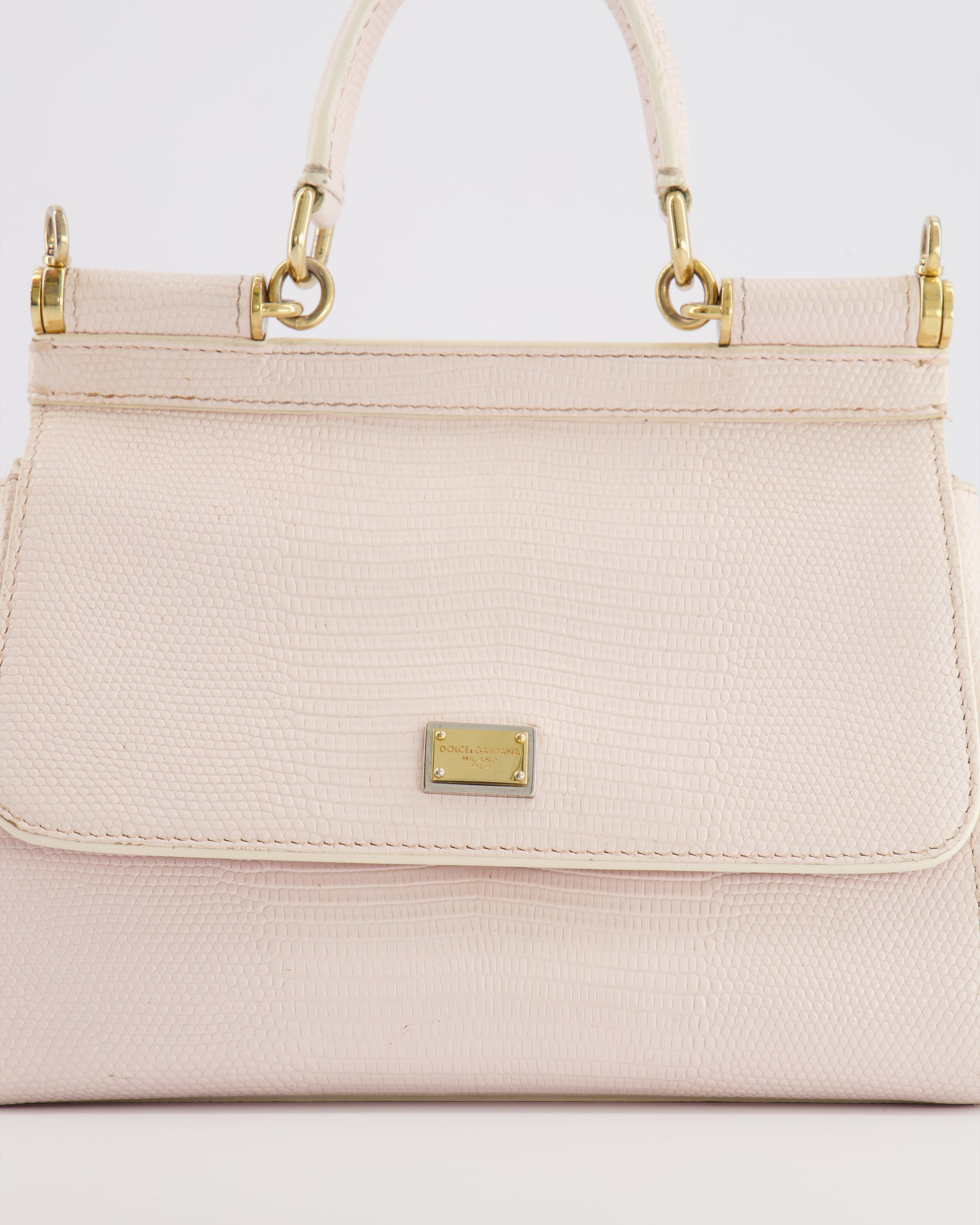 Dolce & Gabbana Light Pink Iguana Embossed Leather Small Sicily Bag with Mixed Hardware and Crystal Pearl Chain