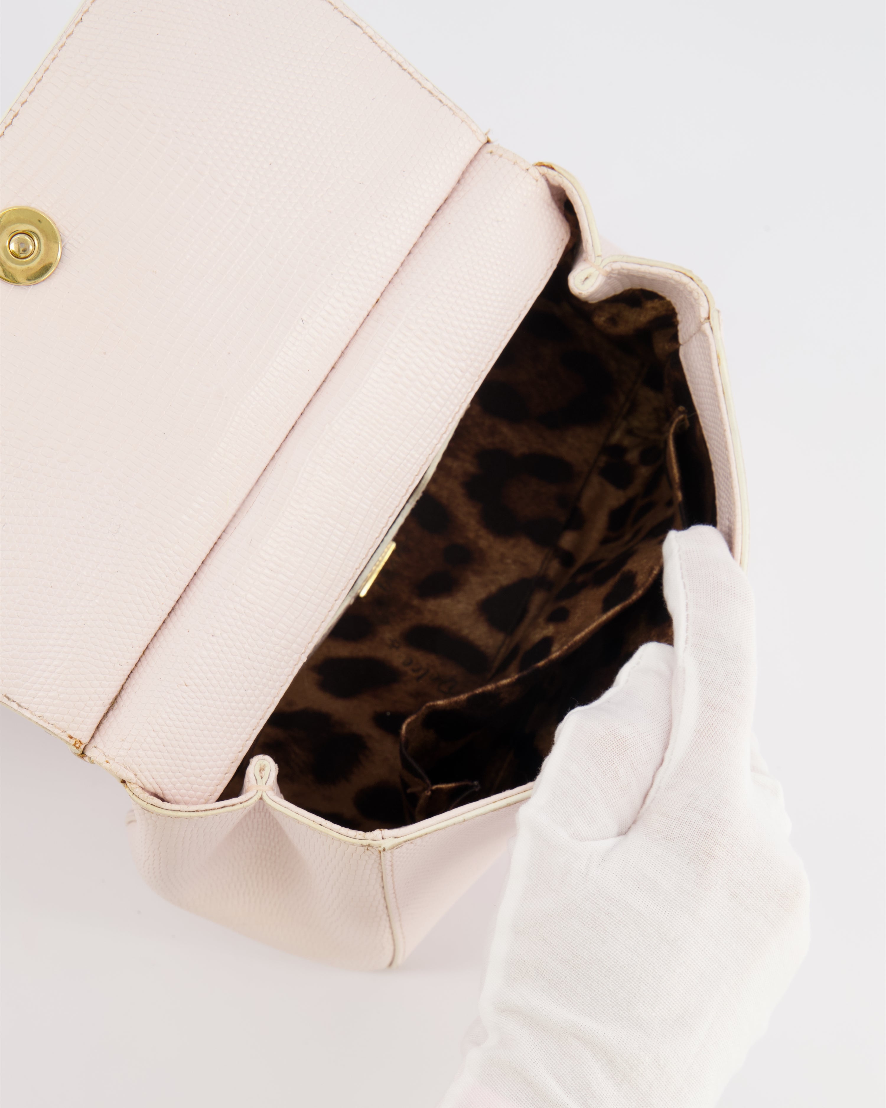 Dolce & Gabbana Light Pink Iguana Embossed Leather Small Sicily Bag with Mixed Hardware and Crystal Pearl Chain