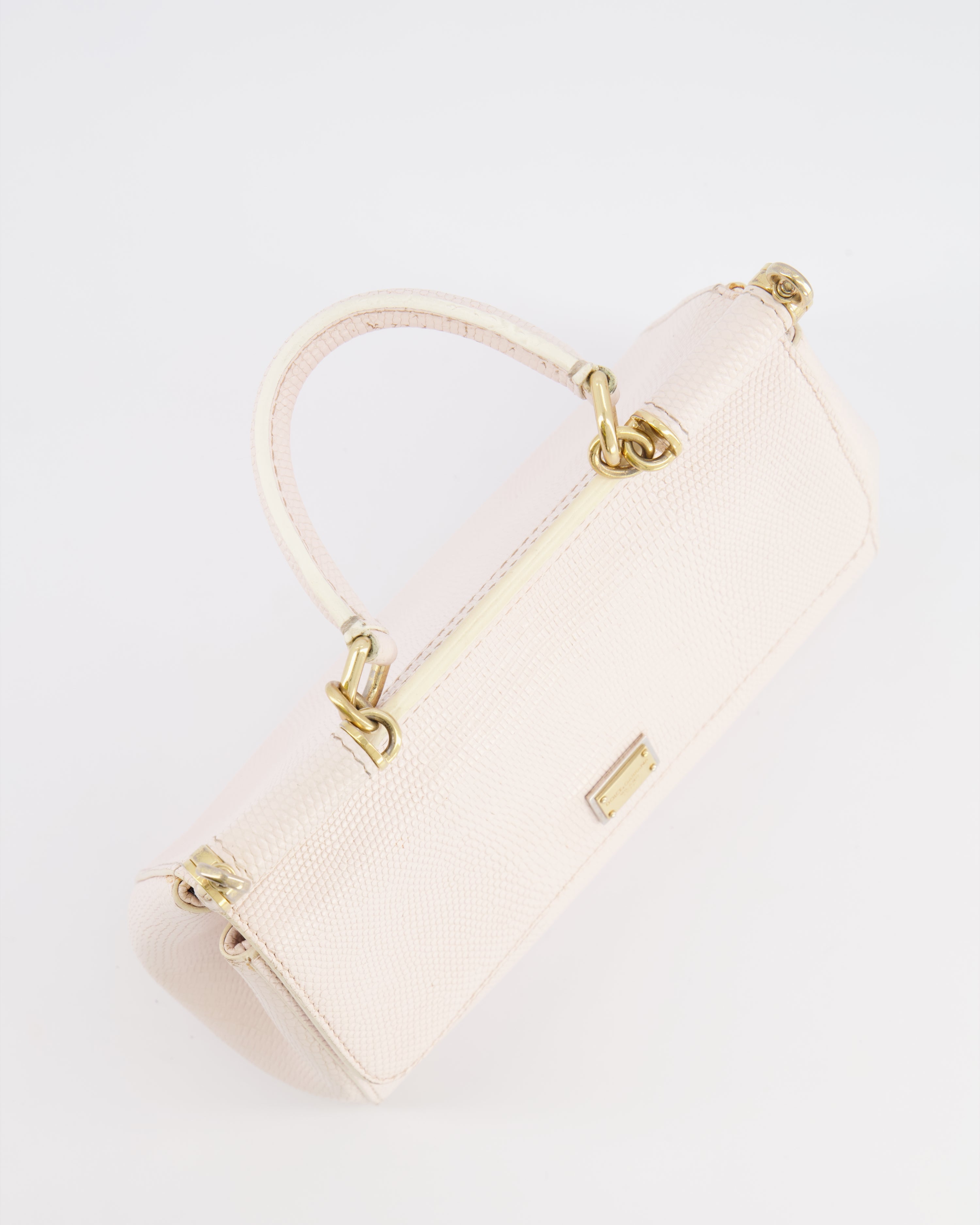 Dolce & Gabbana Light Pink Iguana Embossed Leather Small Sicily Bag with Mixed Hardware and Crystal Pearl Chain