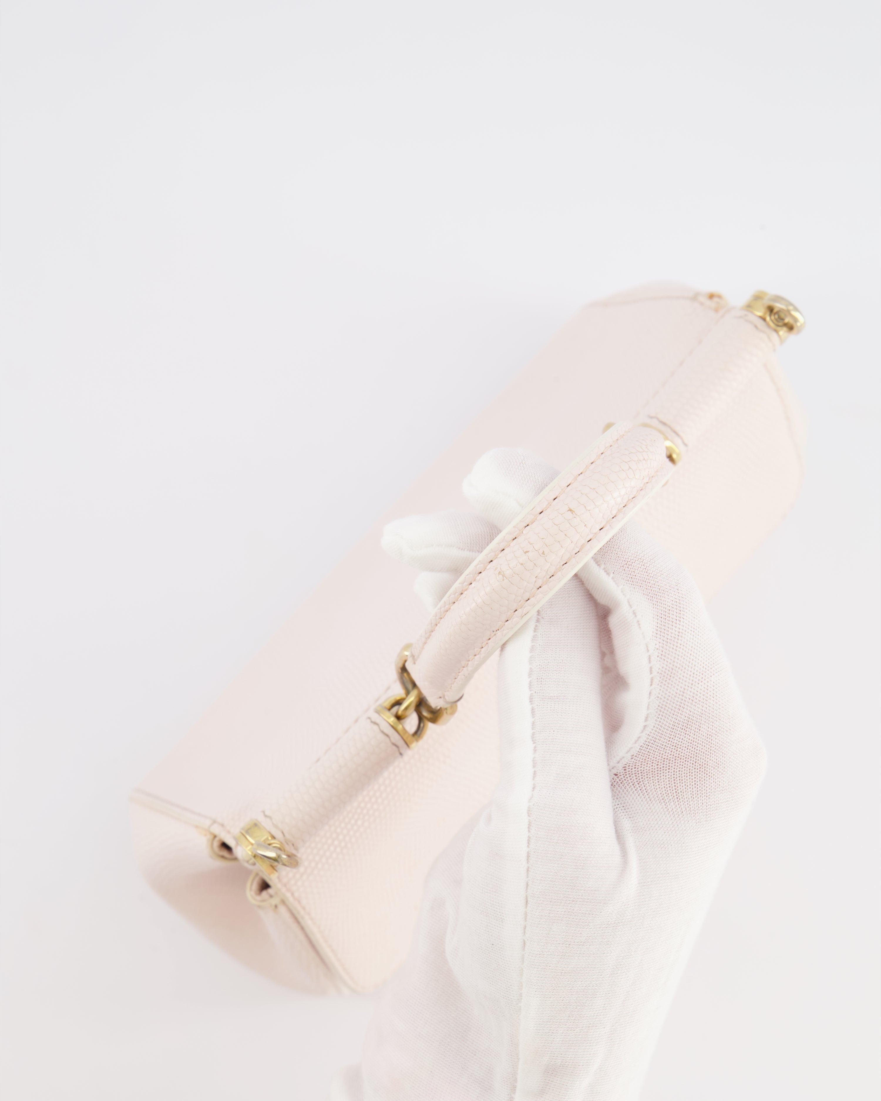 Dolce & Gabbana Light Pink Iguana Embossed Leather Small Sicily Bag with Mixed Hardware and Crystal Pearl Chain