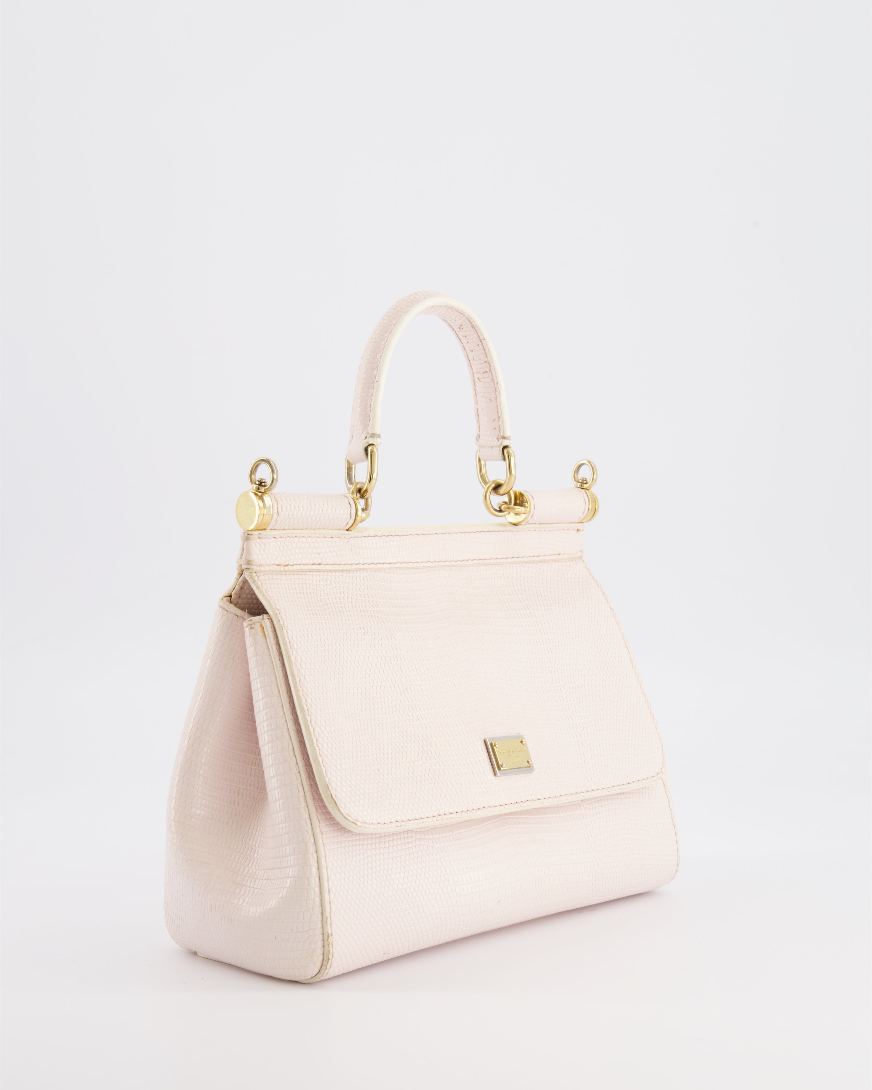 Dolce & Gabbana Light Pink Iguana Embossed Leather Small Sicily Bag with Mixed Hardware and Crystal Pearl Chain