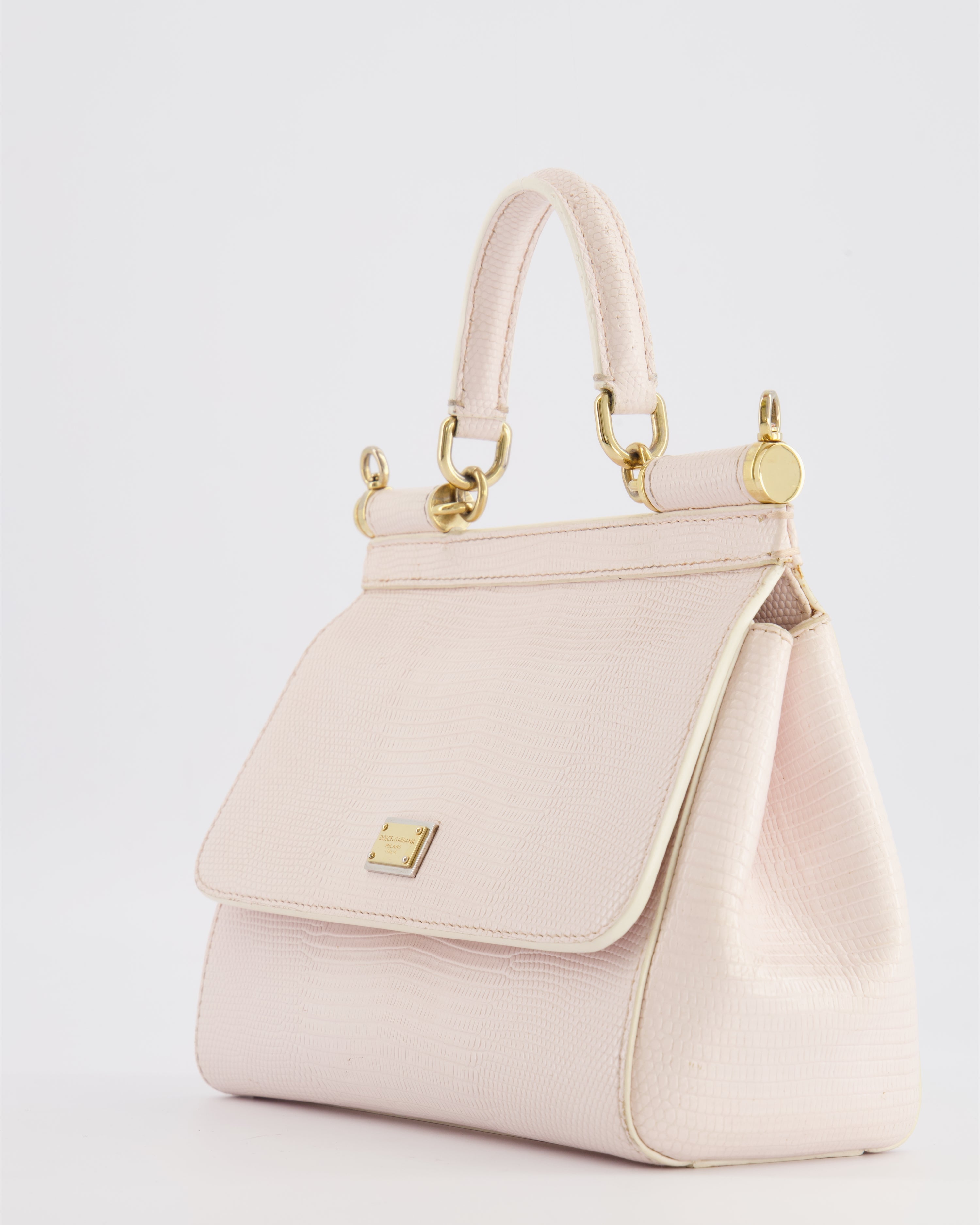 Dolce & Gabbana Light Pink Iguana Embossed Leather Small Sicily Bag with Mixed Hardware and Crystal Pearl Chain