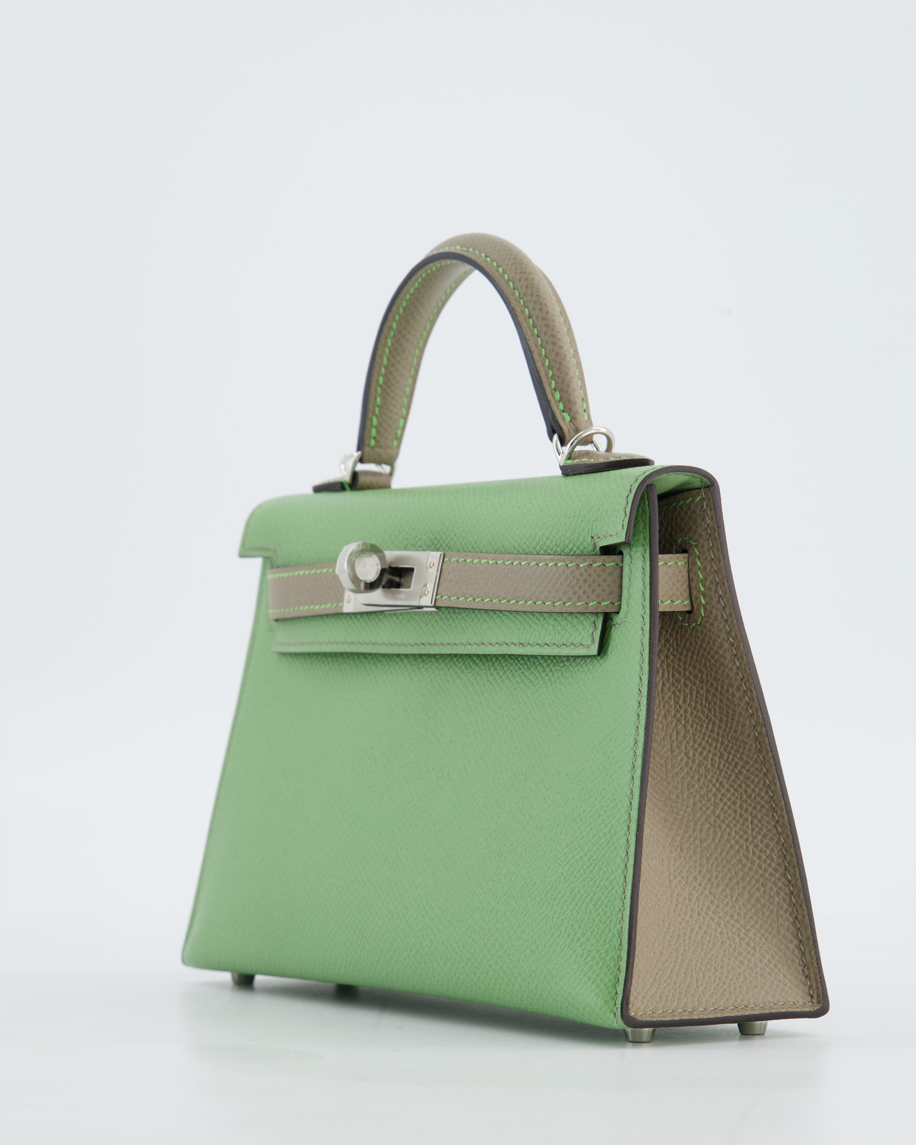 *SUPER RARE* Hermès HSS Mini Kelly II 20 Bag in Vert Criquet & Gris Asphalte Epsom Leather with Contrast Stitching and Palladium Hardware