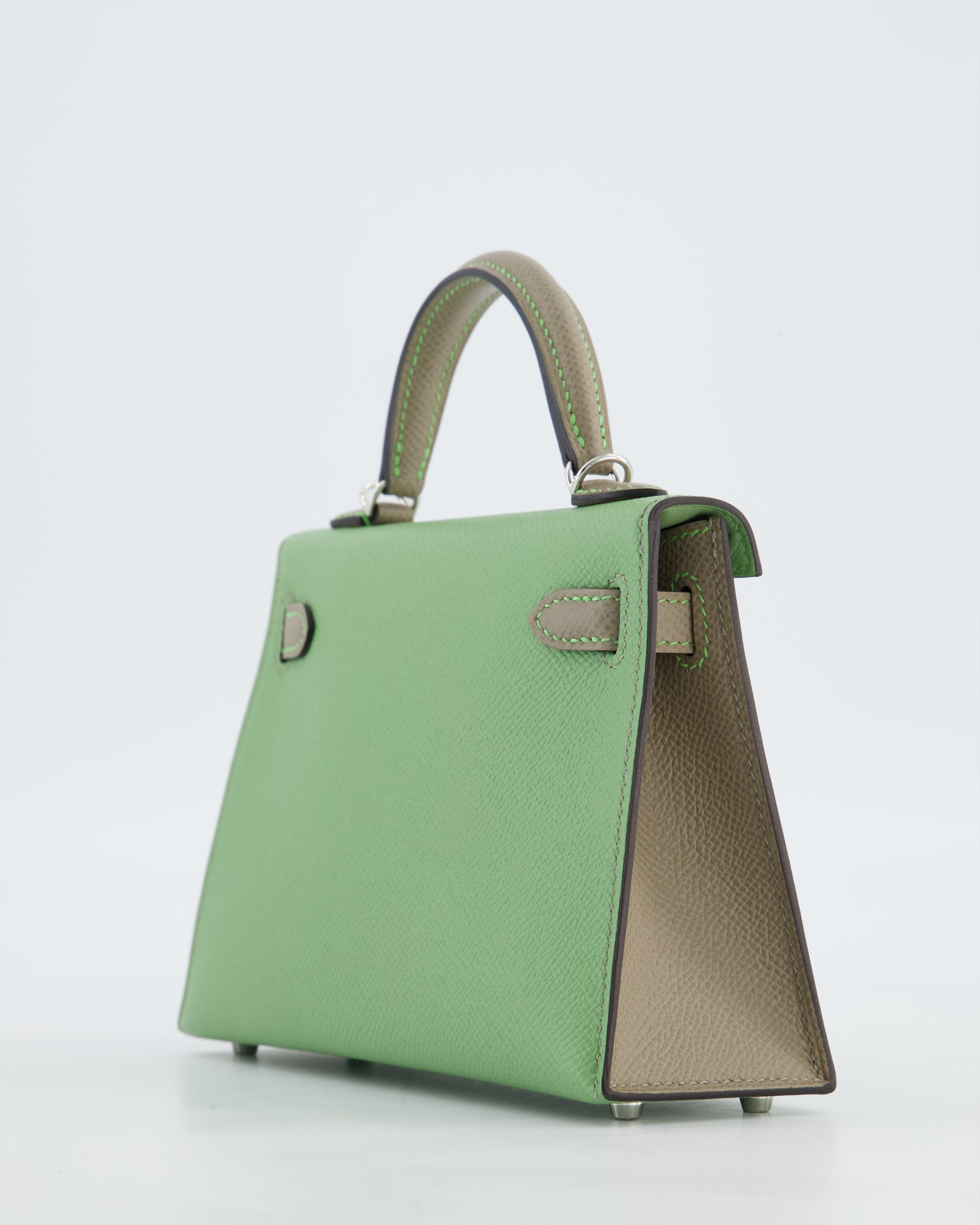 *SUPER RARE* Hermès HSS Mini Kelly II 20 Bag in Vert Criquet & Gris Asphalte Epsom Leather with Contrast Stitching and Palladium Hardware
