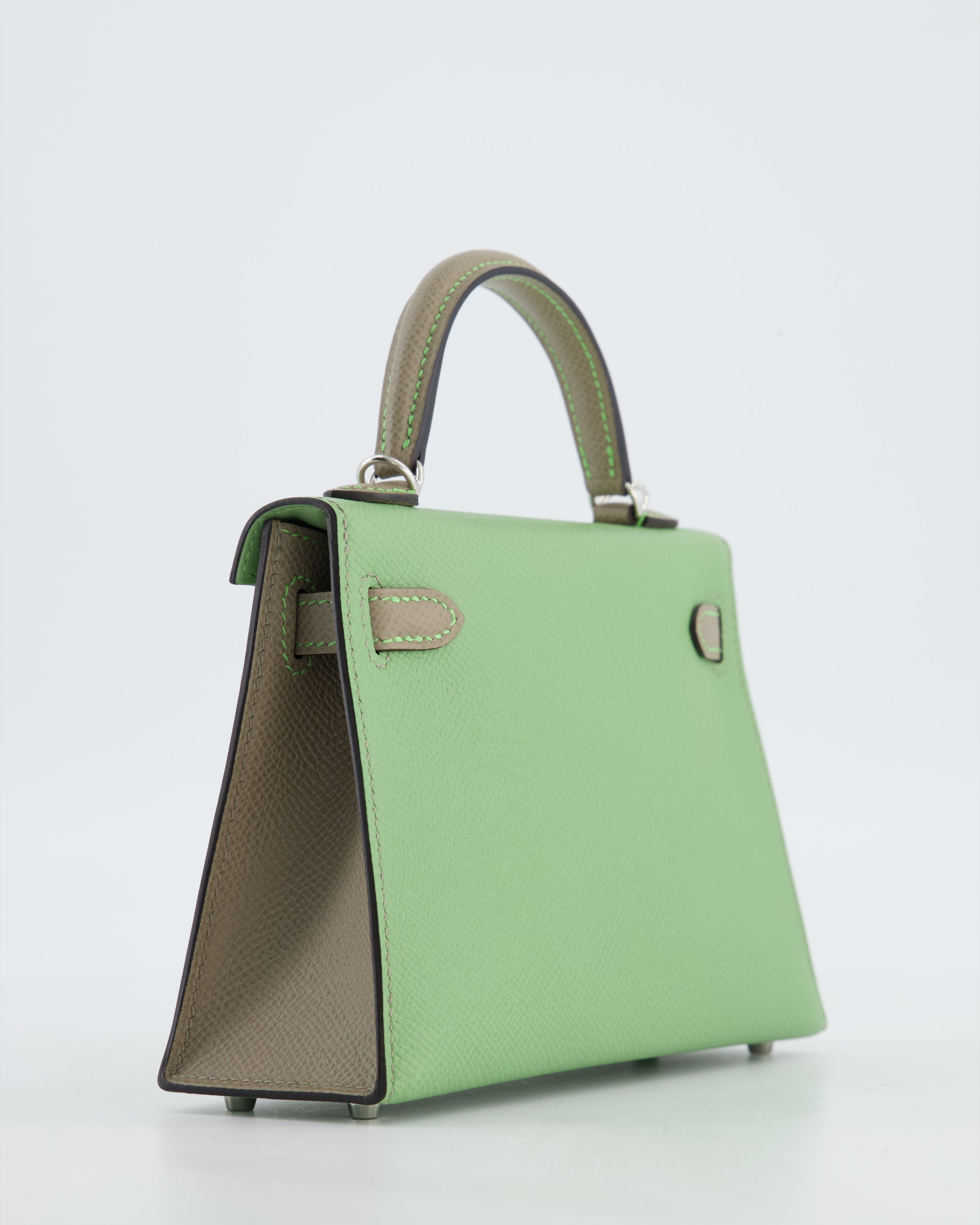 *SUPER RARE* Hermès HSS Mini Kelly II 20 Bag in Vert Criquet & Gris Asphalte Epsom Leather with Contrast Stitching and Palladium Hardware