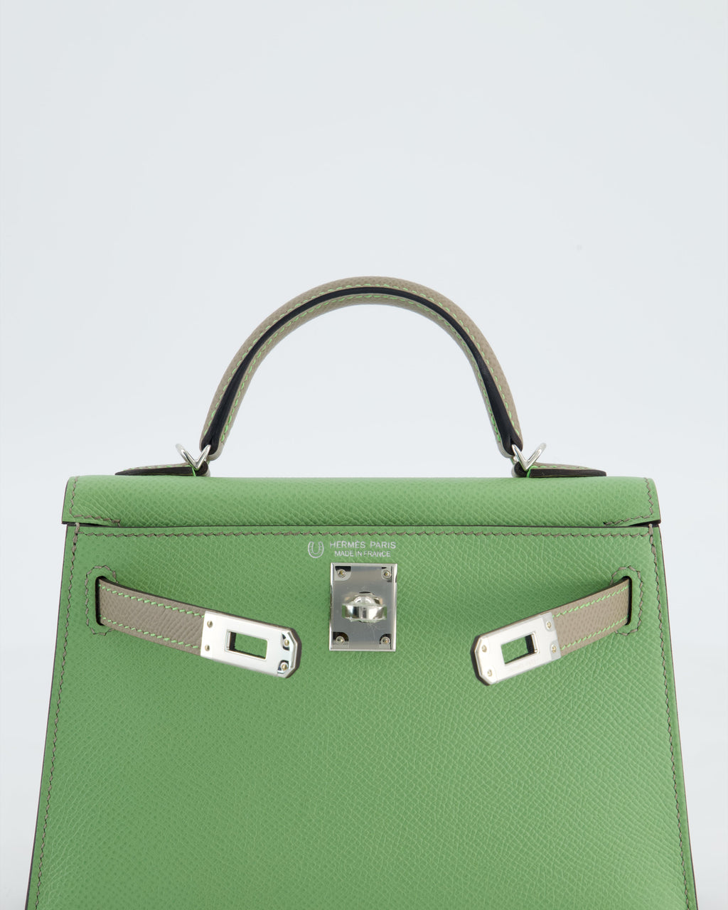 *SUPER RARE* Hermès HSS Mini Kelly II 20 Bag in Vert Criquet & Gris Asphalte Epsom Leather with Contrast Stitching and Palladium Hardware