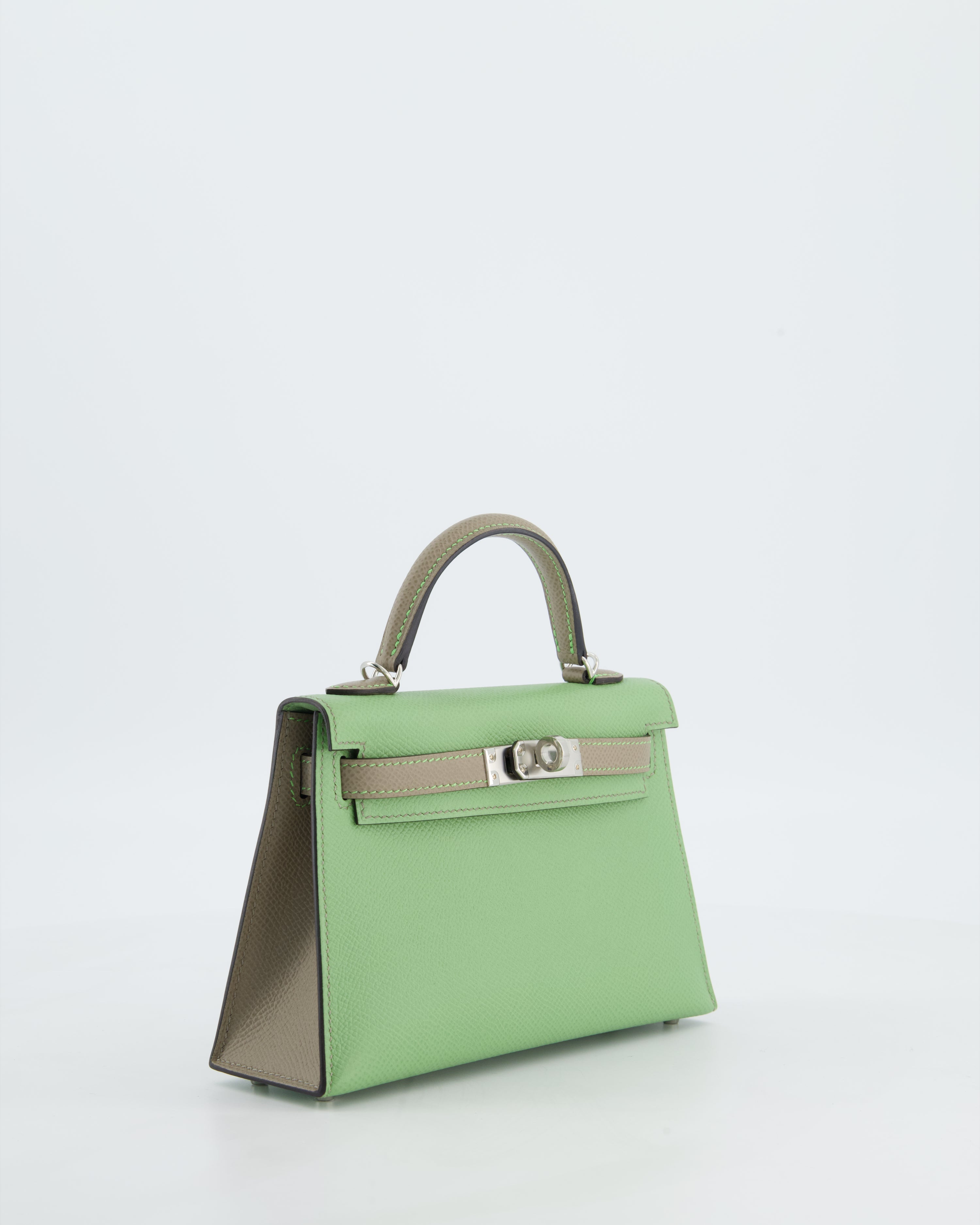 *SUPER RARE* Hermès HSS Mini Kelly II 20 Bag in Vert Criquet & Gris Asphalte Epsom Leather with Contrast Stitching and Palladium Hardware