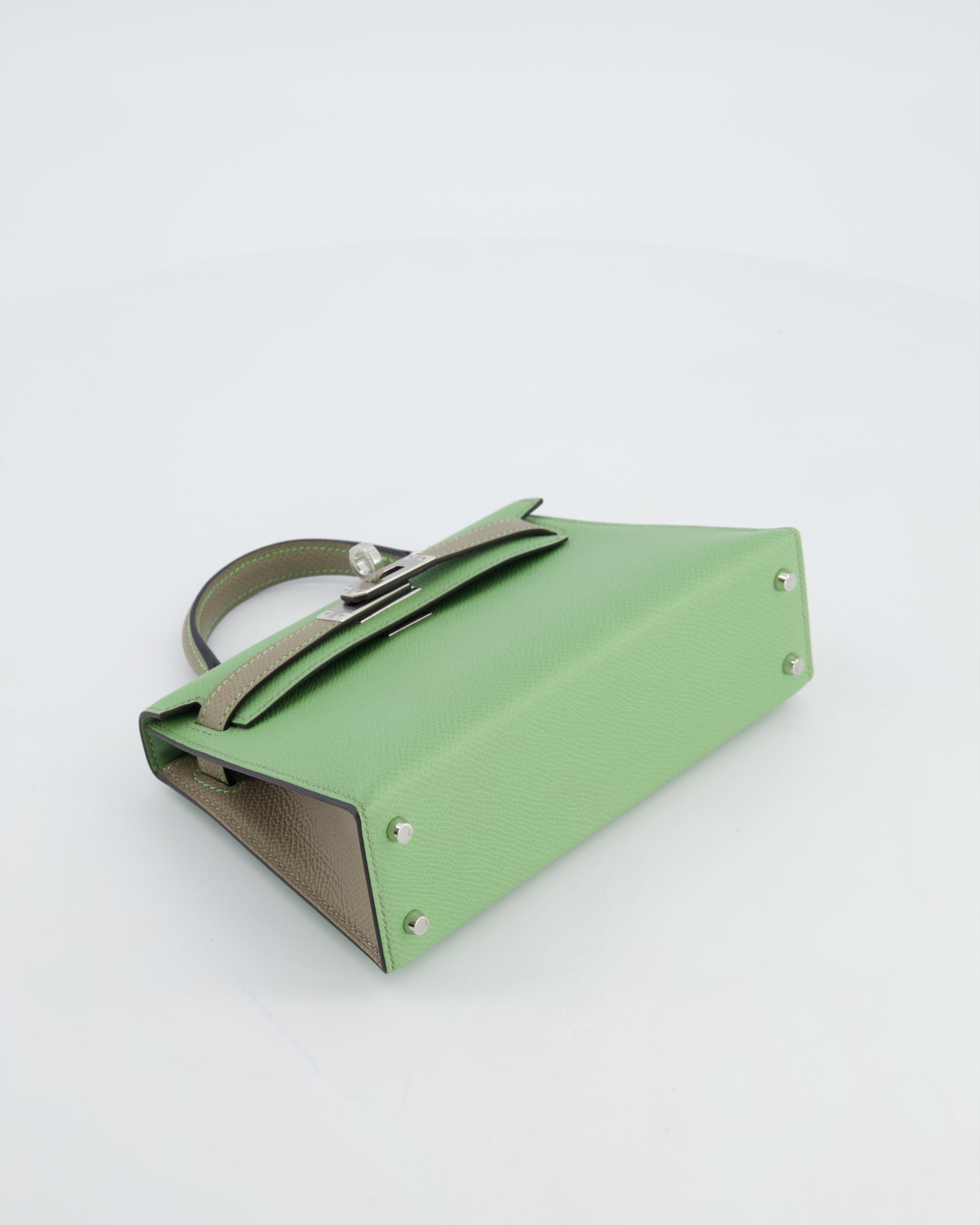 *SUPER RARE* Hermès HSS Mini Kelly II 20 Bag in Vert Criquet & Gris Asphalte Epsom Leather with Contrast Stitching and Palladium Hardware