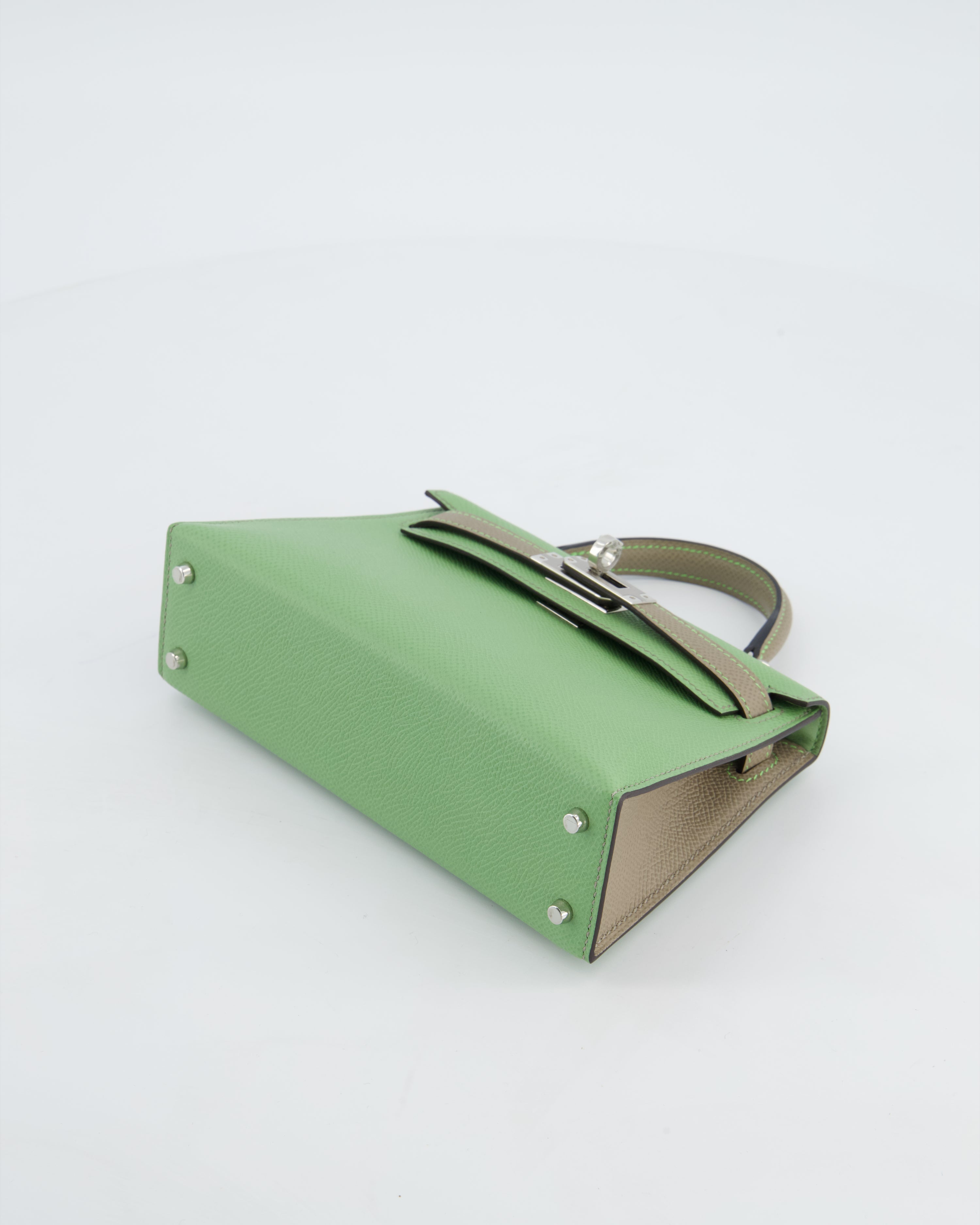 *SUPER RARE* Hermès HSS Mini Kelly II 20 Bag in Vert Criquet & Gris Asphalte Epsom Leather with Contrast Stitching and Palladium Hardware