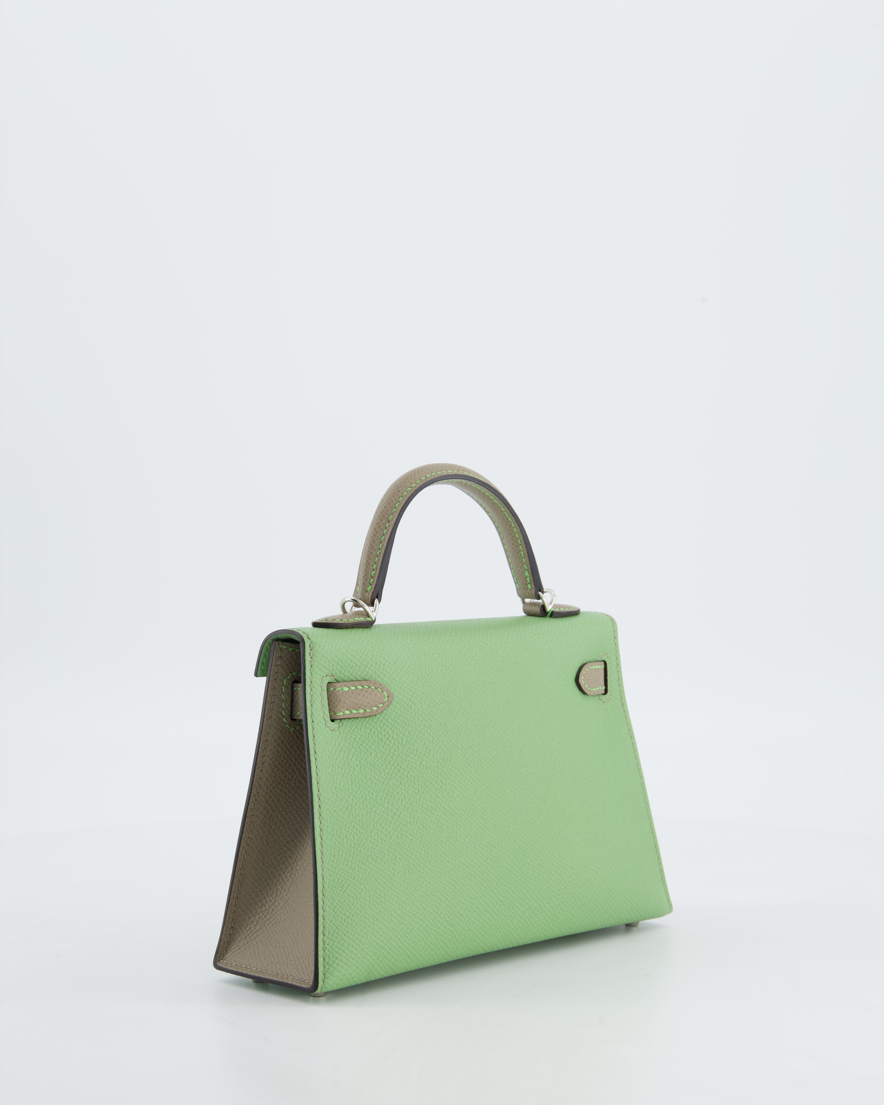 *SUPER RARE* Hermès HSS Mini Kelly II 20 Bag in Vert Criquet & Gris Asphalte Epsom Leather with Contrast Stitching and Palladium Hardware
