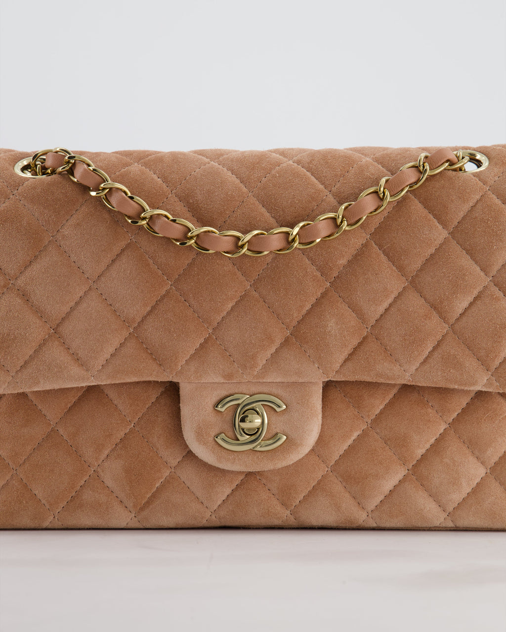 *SUPER RARE* Chanel Caramel Medium Classic Double Flap Bag in Suede Leather with Champagne Gold Hardware