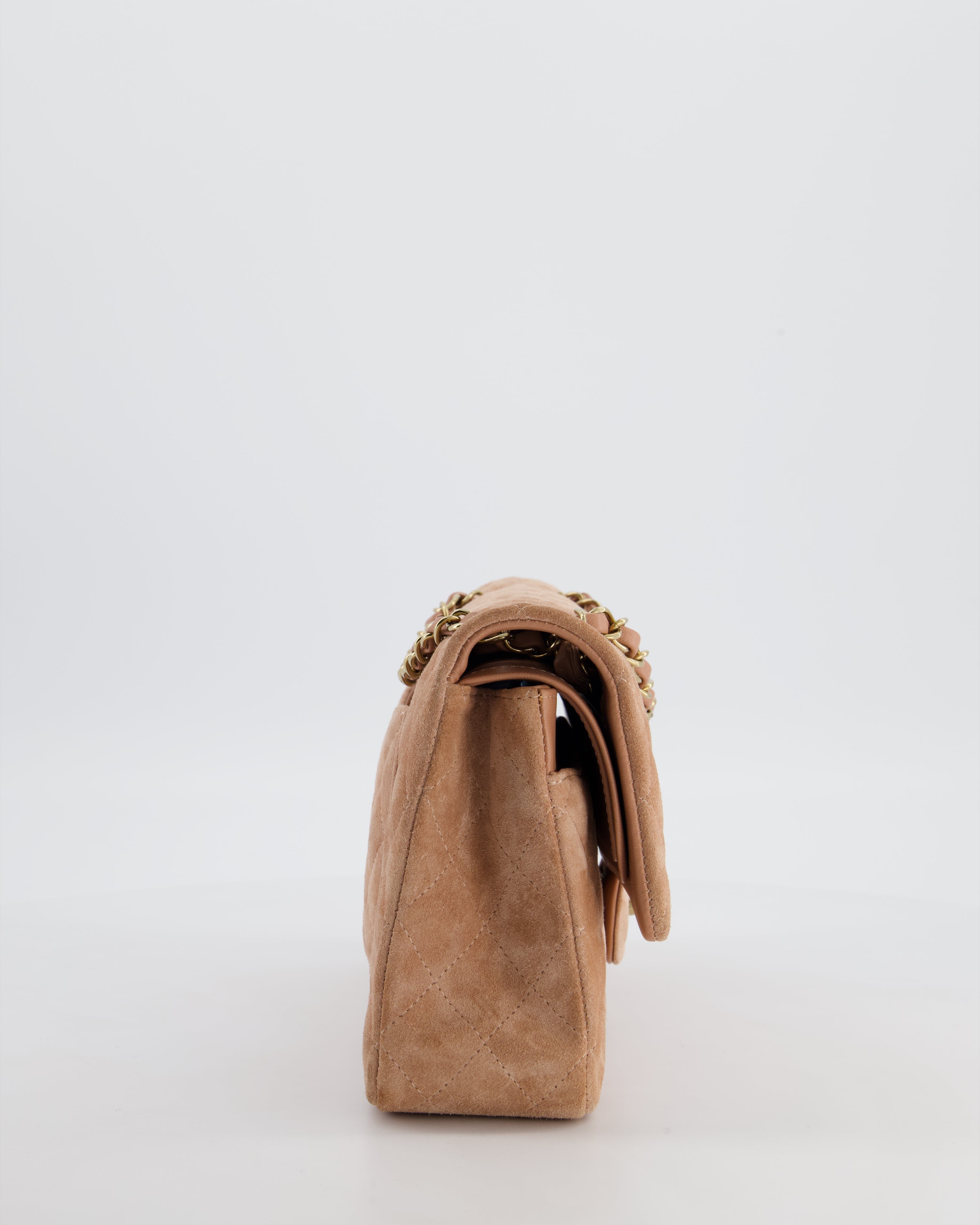 *SUPER RARE* Chanel Caramel Medium Classic Double Flap Bag in Suede Leather with Champagne Gold Hardware