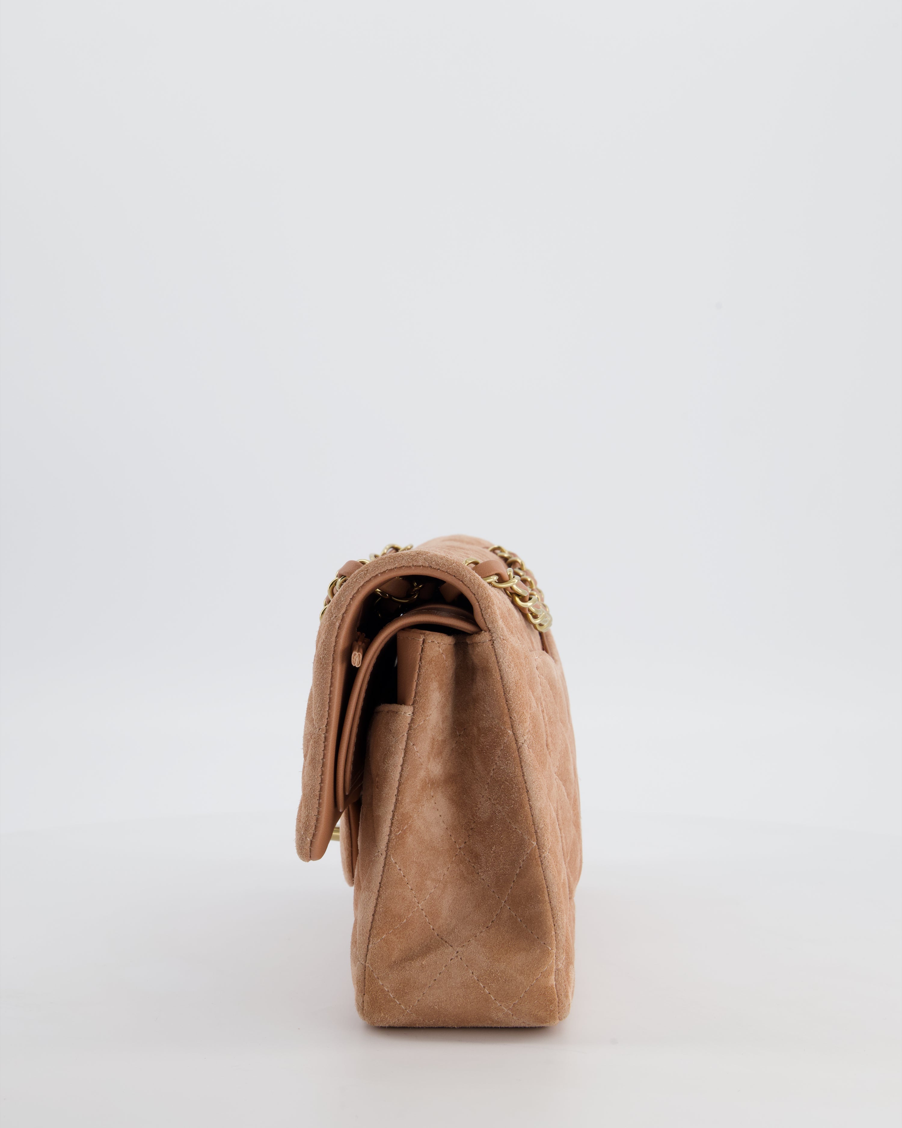 *SUPER RARE* Chanel Caramel Medium Classic Double Flap Bag in Suede Leather with Champagne Gold Hardware