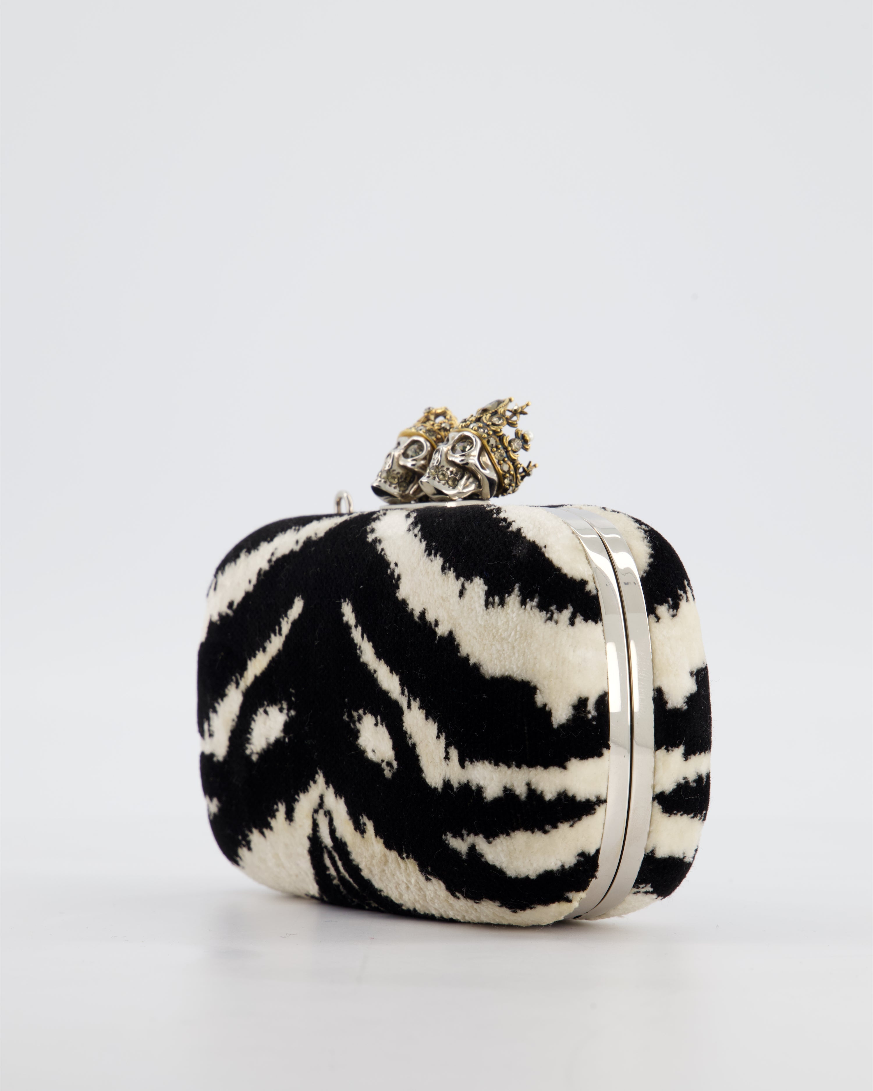 Alexander McQueen Black and White Zebra Print Skull Box Clutch Bag with Silver Hardware