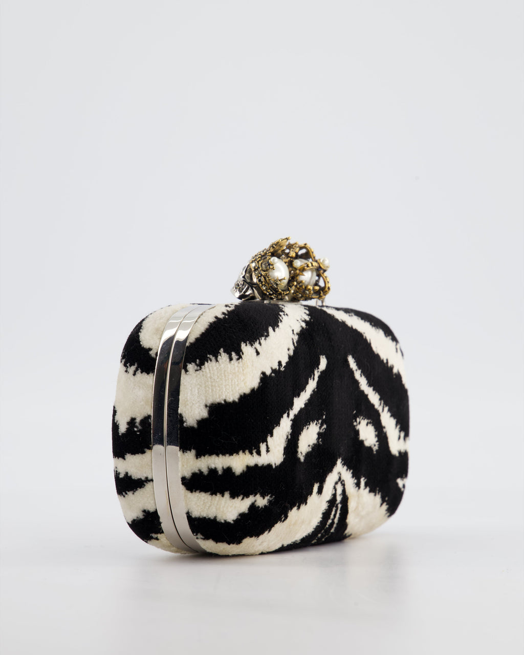 Alexander McQueen Black and White Zebra Print Skull Box Clutch Bag with Silver Hardware