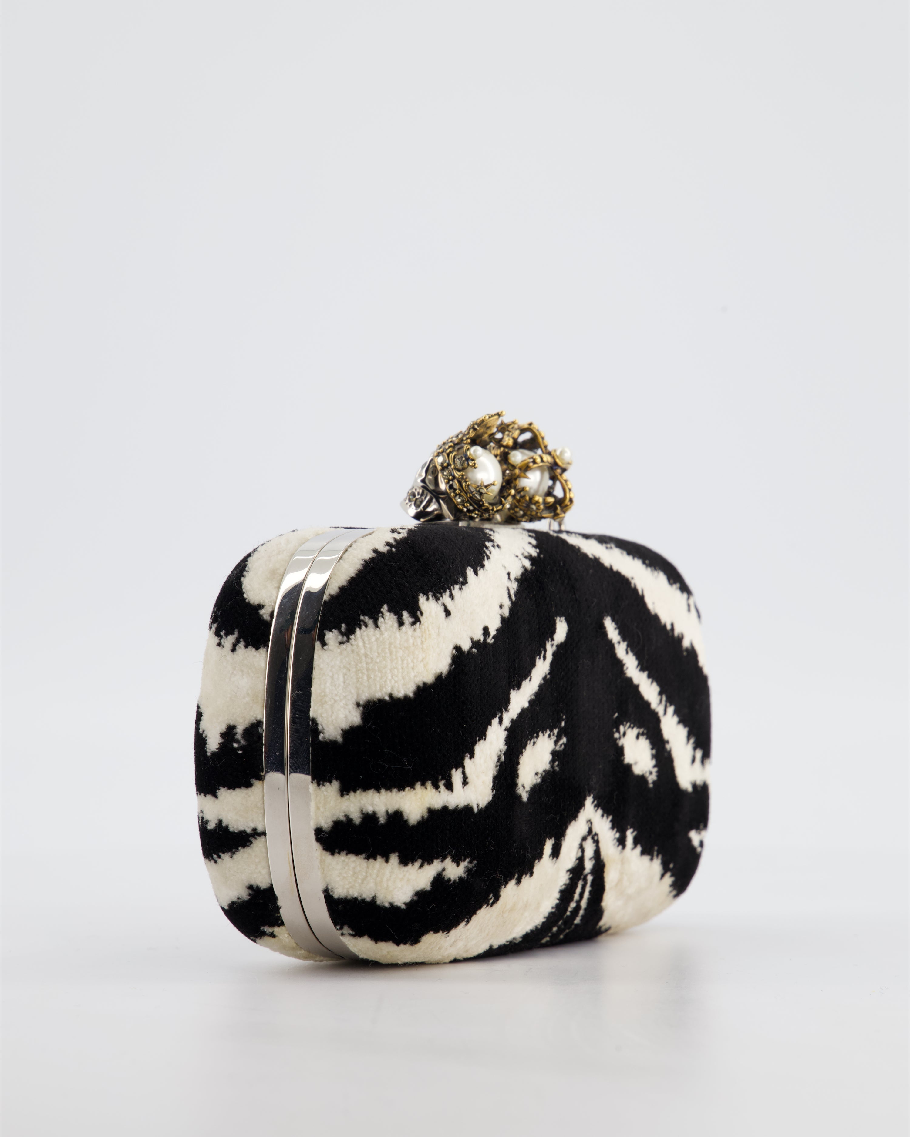 Alexander McQueen Black and White Zebra Print Skull Box Clutch Bag with Silver Hardware
