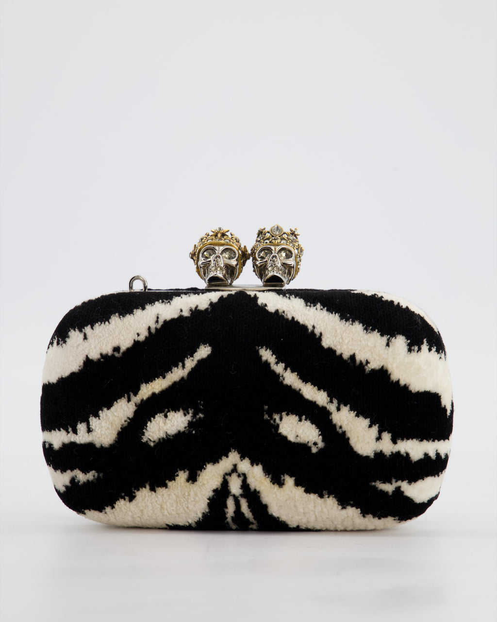 Alexander McQueen Black and White Zebra Print Skull Box Clutch Bag with Silver Hardware