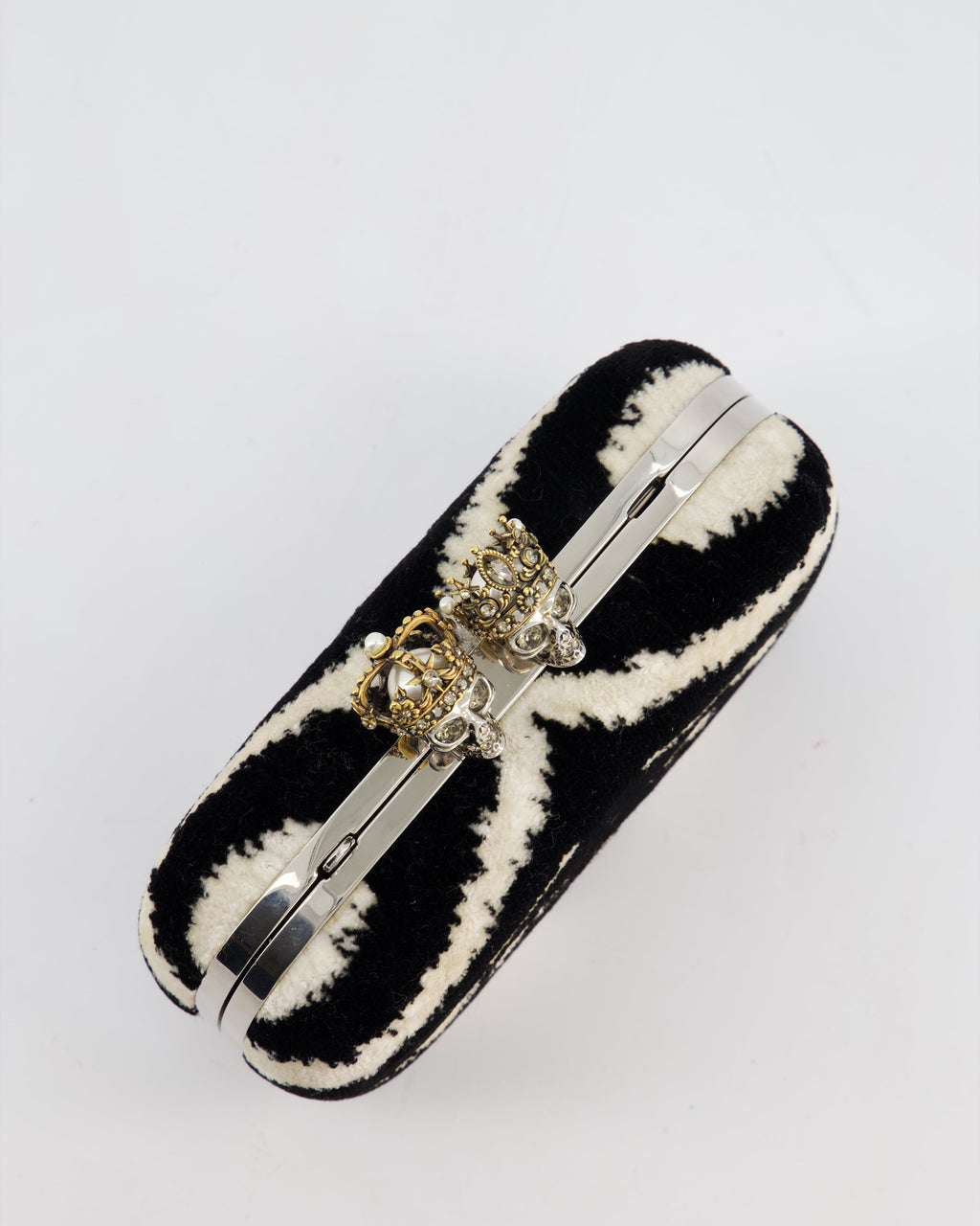 Alexander McQueen Black and White Zebra Print Skull Box Clutch Bag with Silver Hardware